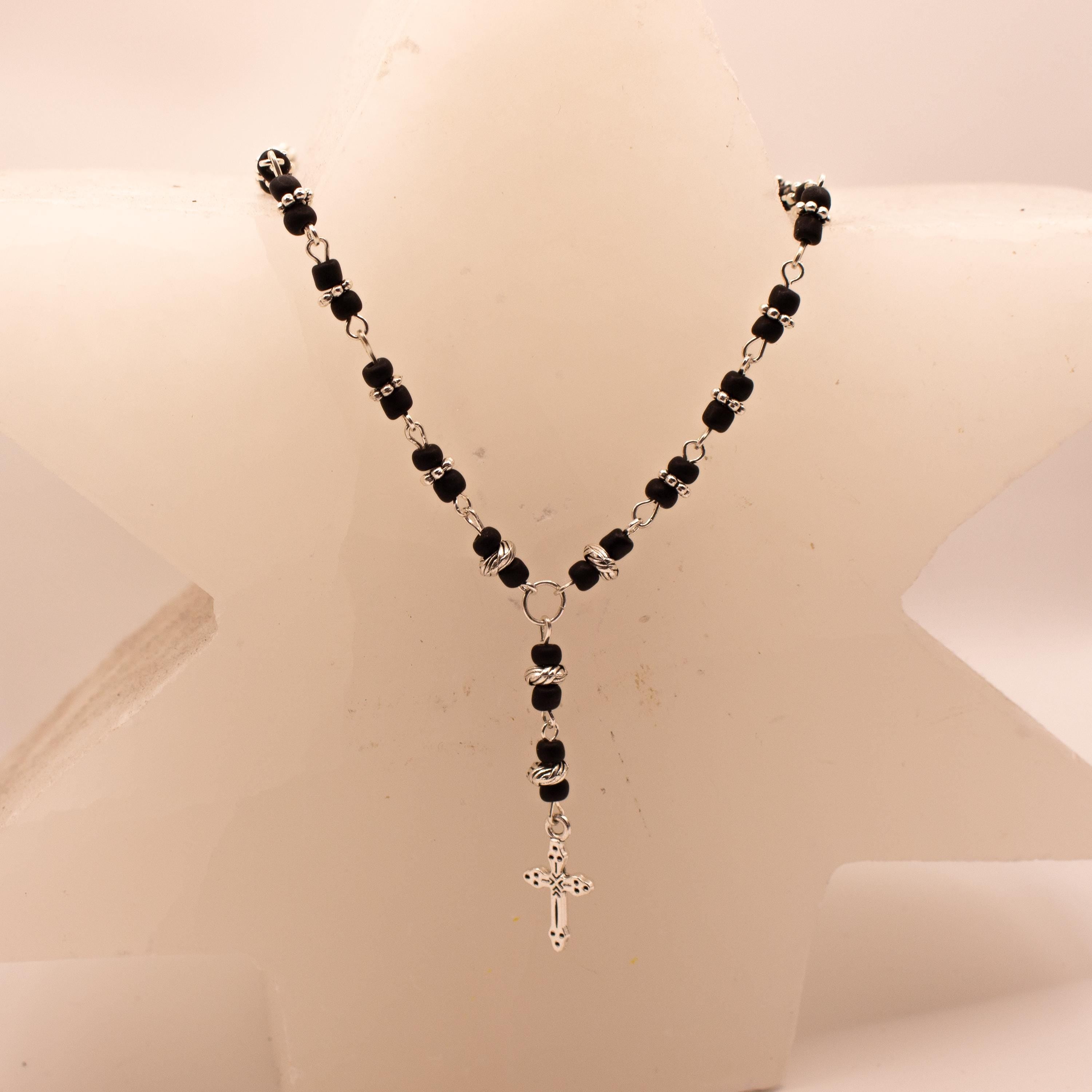 Silver Cross Pendant Necklace ⋆ Vintage Inspired Handmade Black Beaded Rosary-Style Jewelry