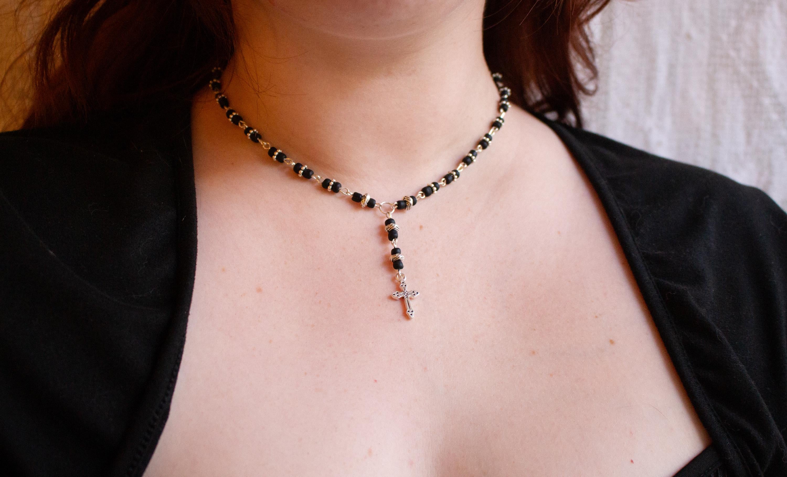Silver Cross Pendant Necklace ⋆ Vintage Inspired Handmade Black Beaded Rosary-Style Jewelry