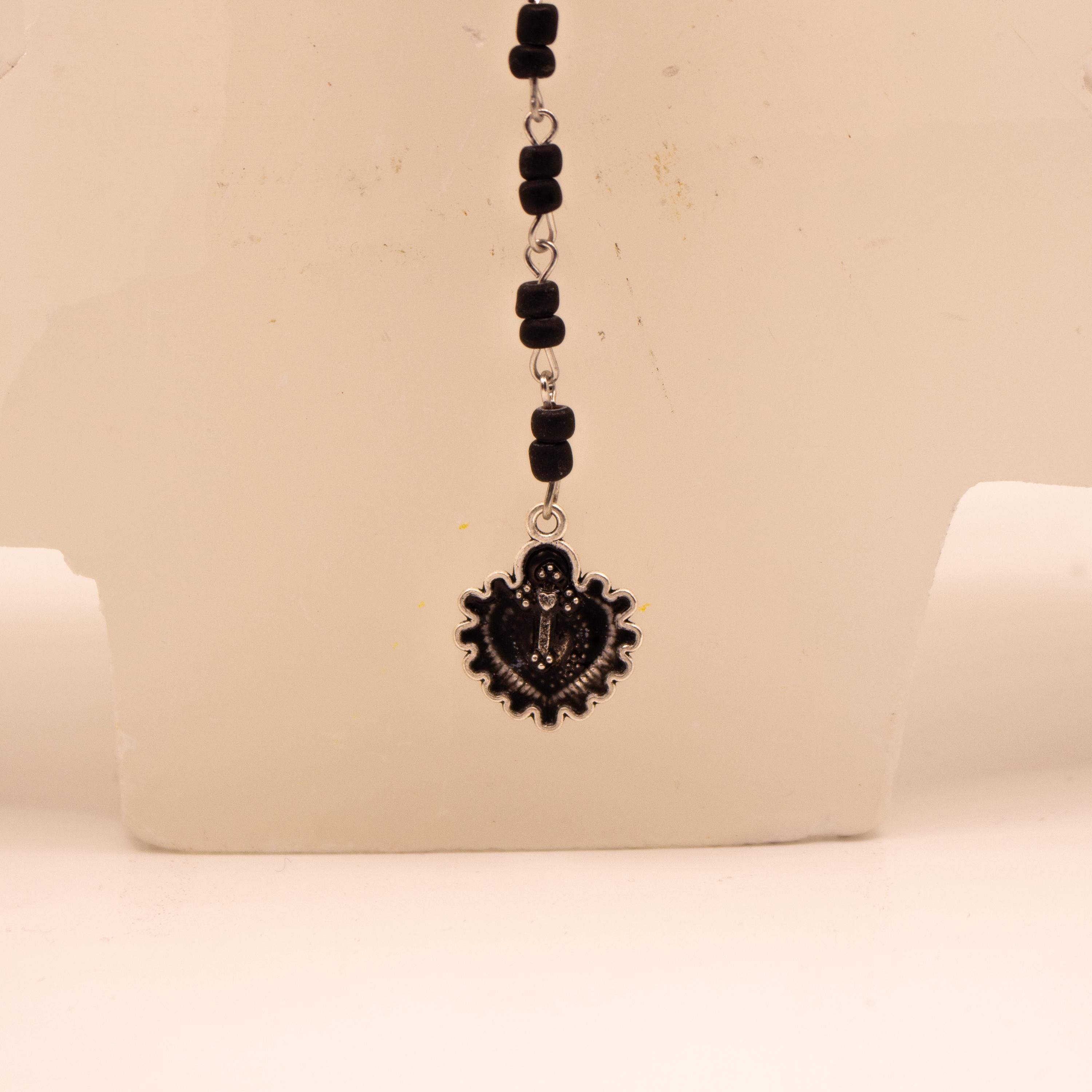 Heart Crown Cross Pendant Necklace ⋆ Vintage Inspired Handmade Black Beaded Rosary-Style Jewelry