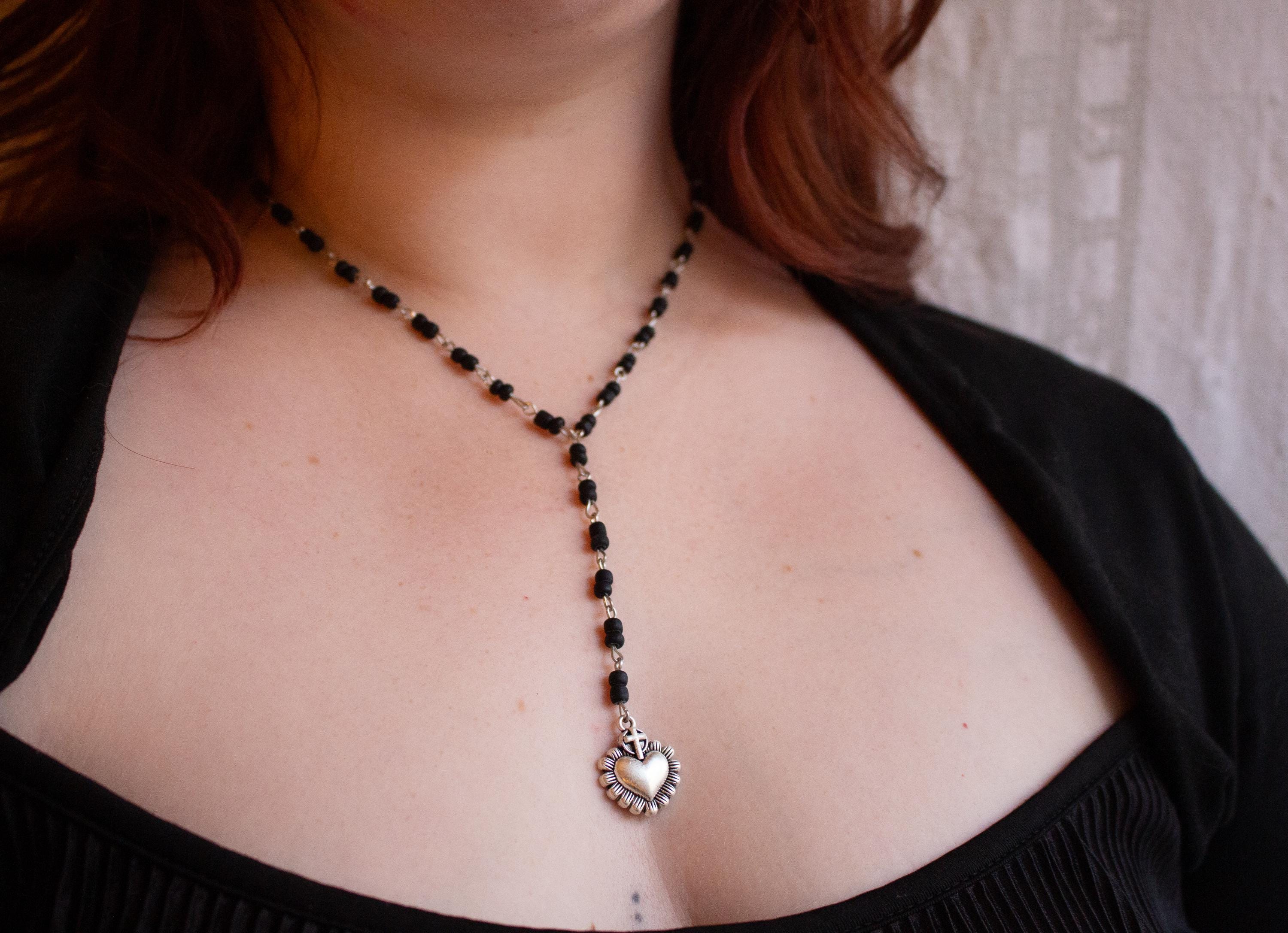 Heart Crown Cross Pendant Necklace ⋆ Vintage Inspired Handmade Black Beaded Rosary-Style Jewelry