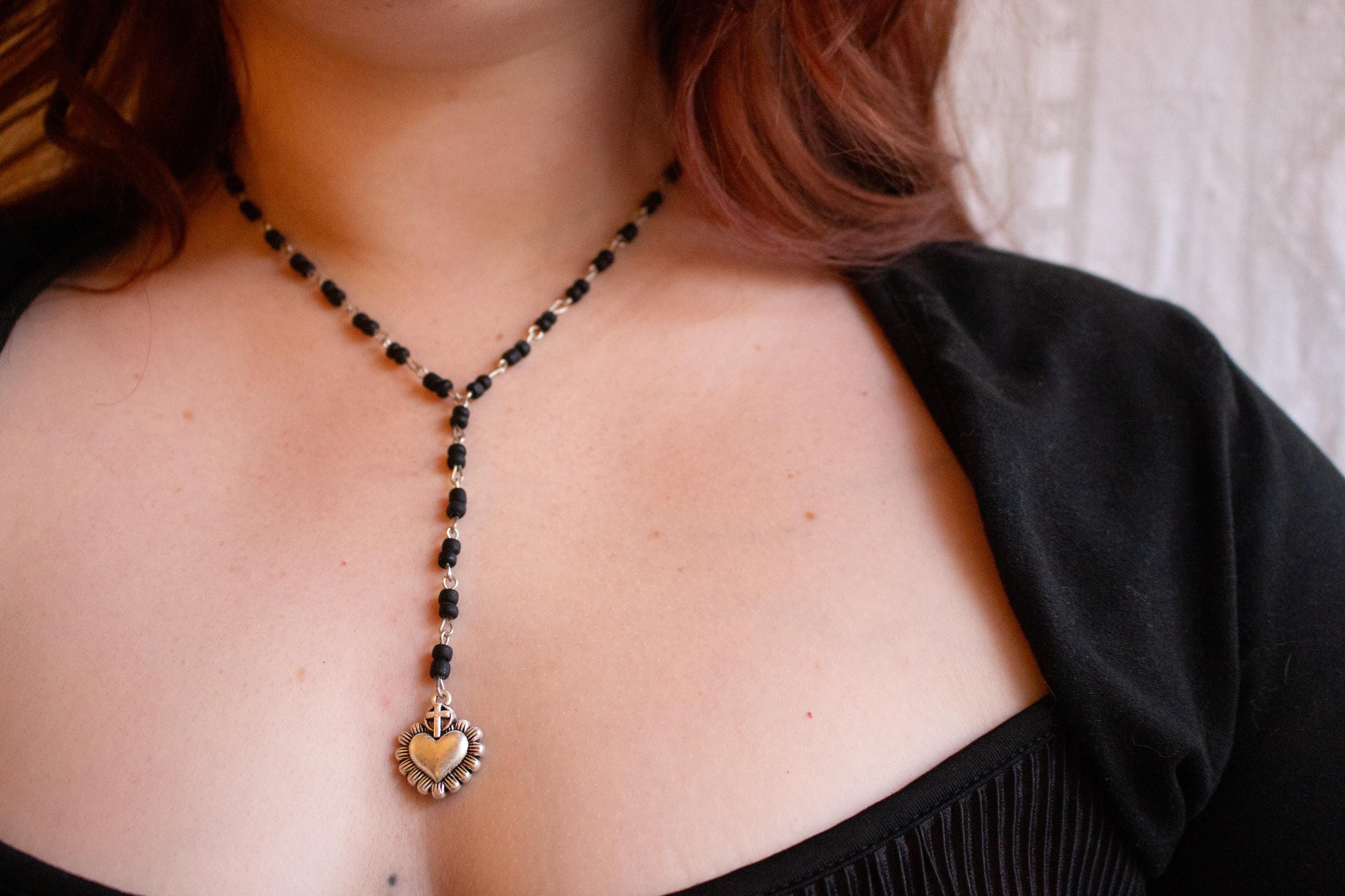 Heart Crown Cross Pendant Necklace ⋆ Vintage Inspired Handmade Black Beaded Rosary-Style Jewelry
