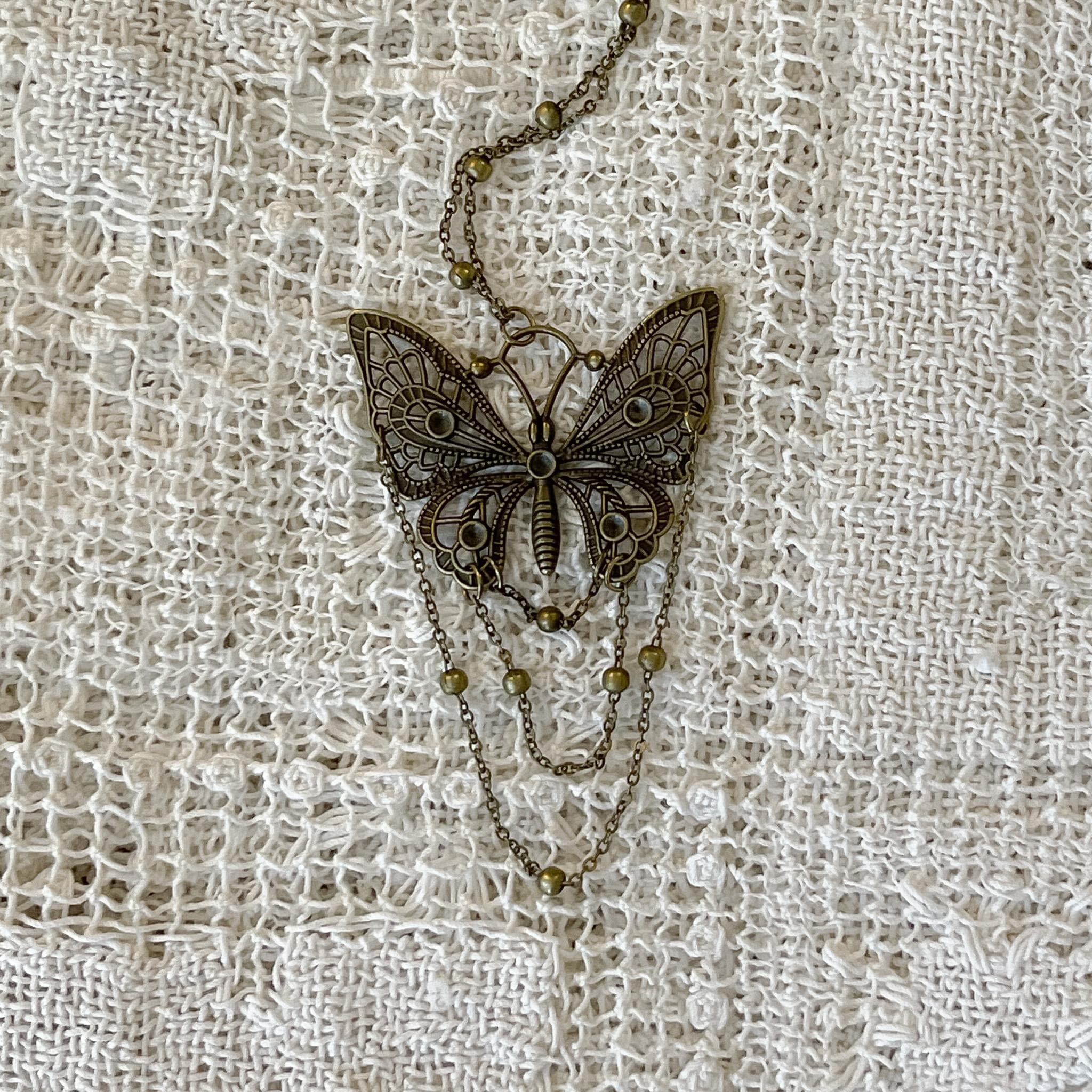 Bronze Butterfly Pendant Necklace: Art Nouveau Draped Chain Jewelry