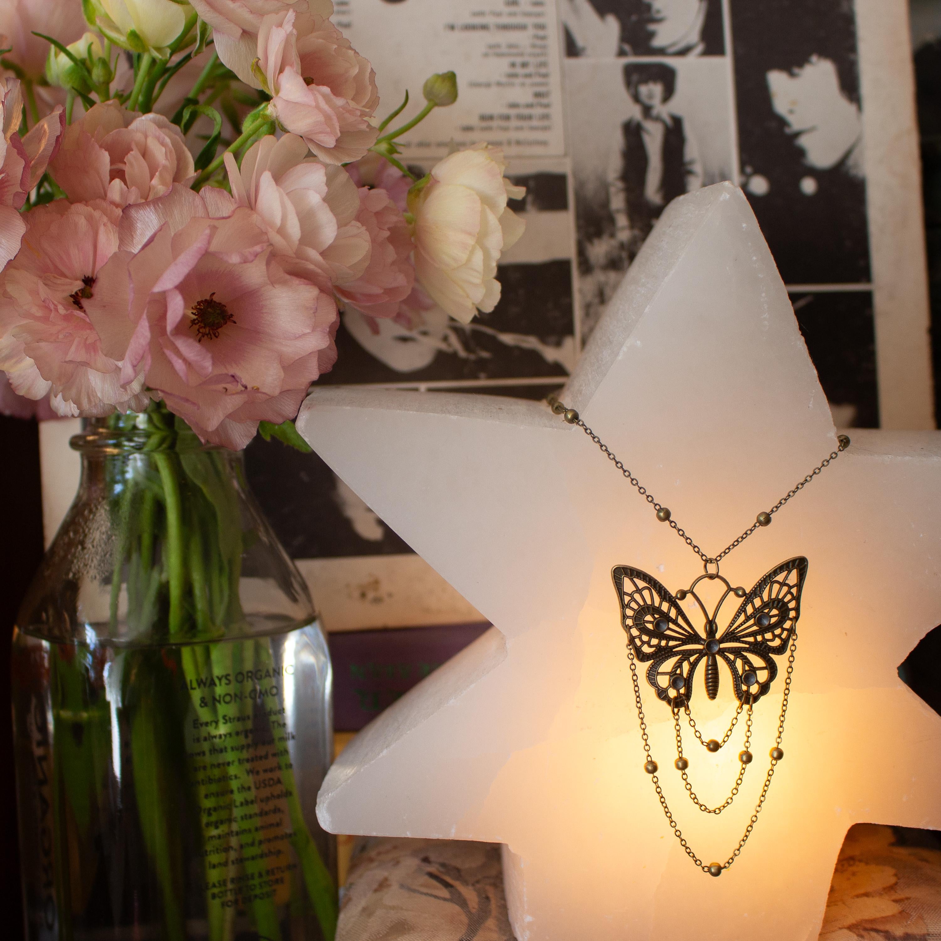 Bronze Butterfly Pendant Necklace: Art Nouveau Draped Chain Jewelry