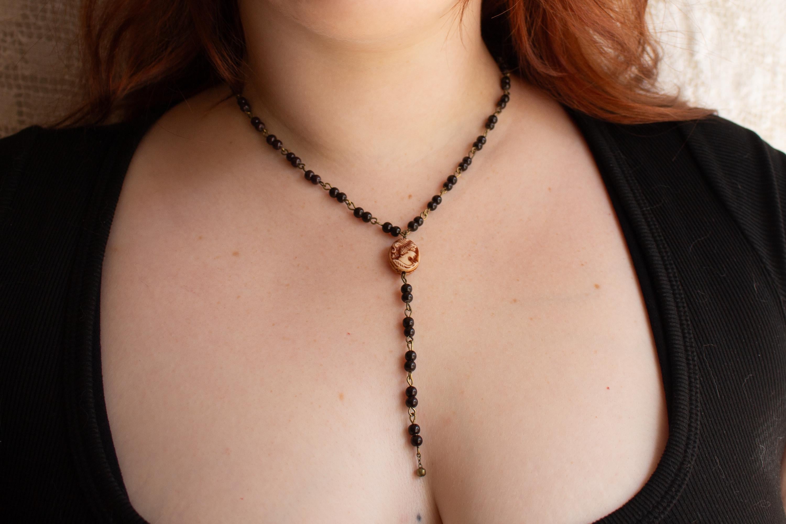 Vintage Inspired Beaded Rosary Y-Style Drop Necklace with Cameo Pendant – Gothic Victorian Statement Jewelry