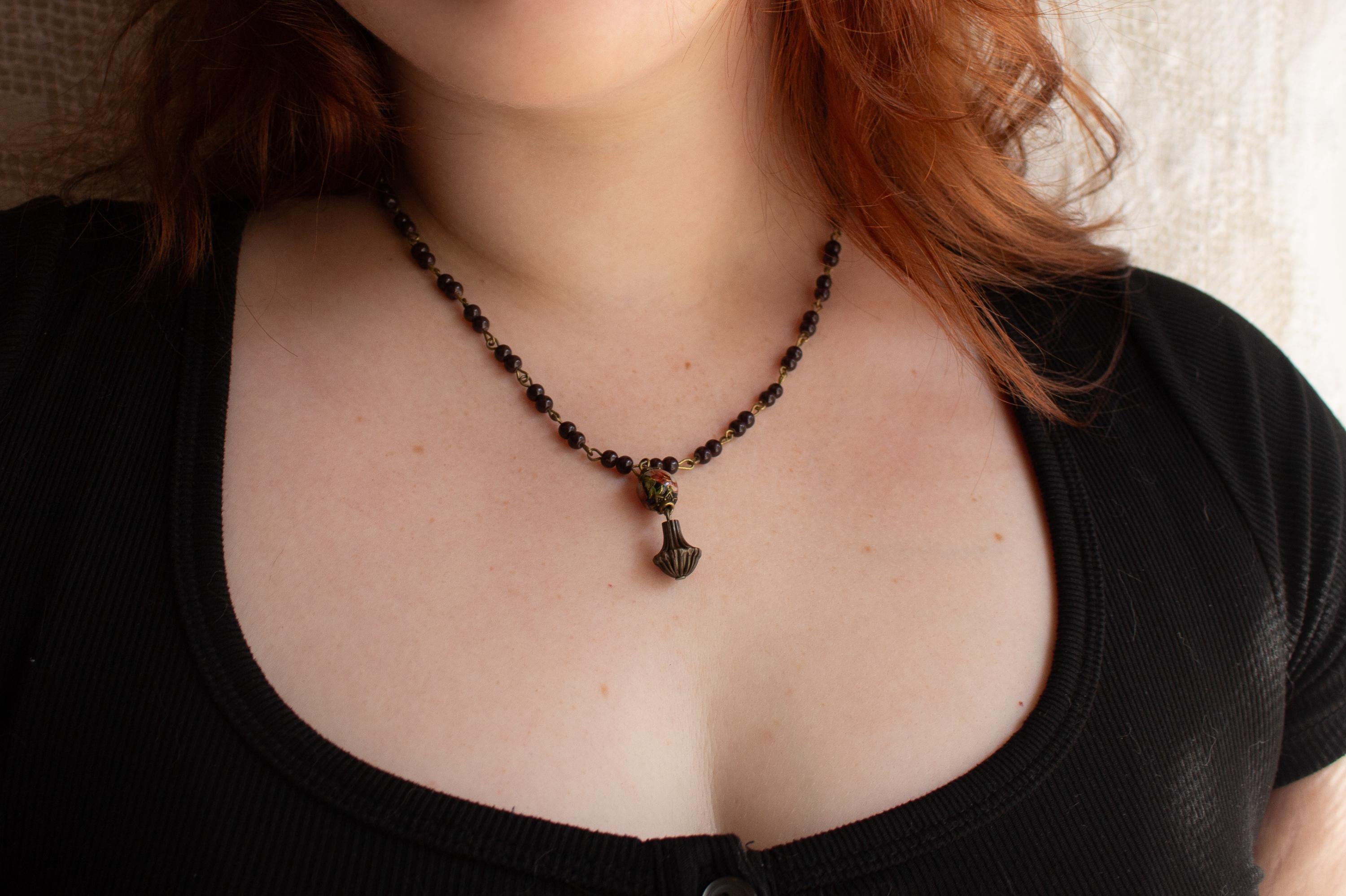 Hand Beaded Necklace with Vintage 60s Bead and Metal Drop Pendant – Retro Statement Jewelry