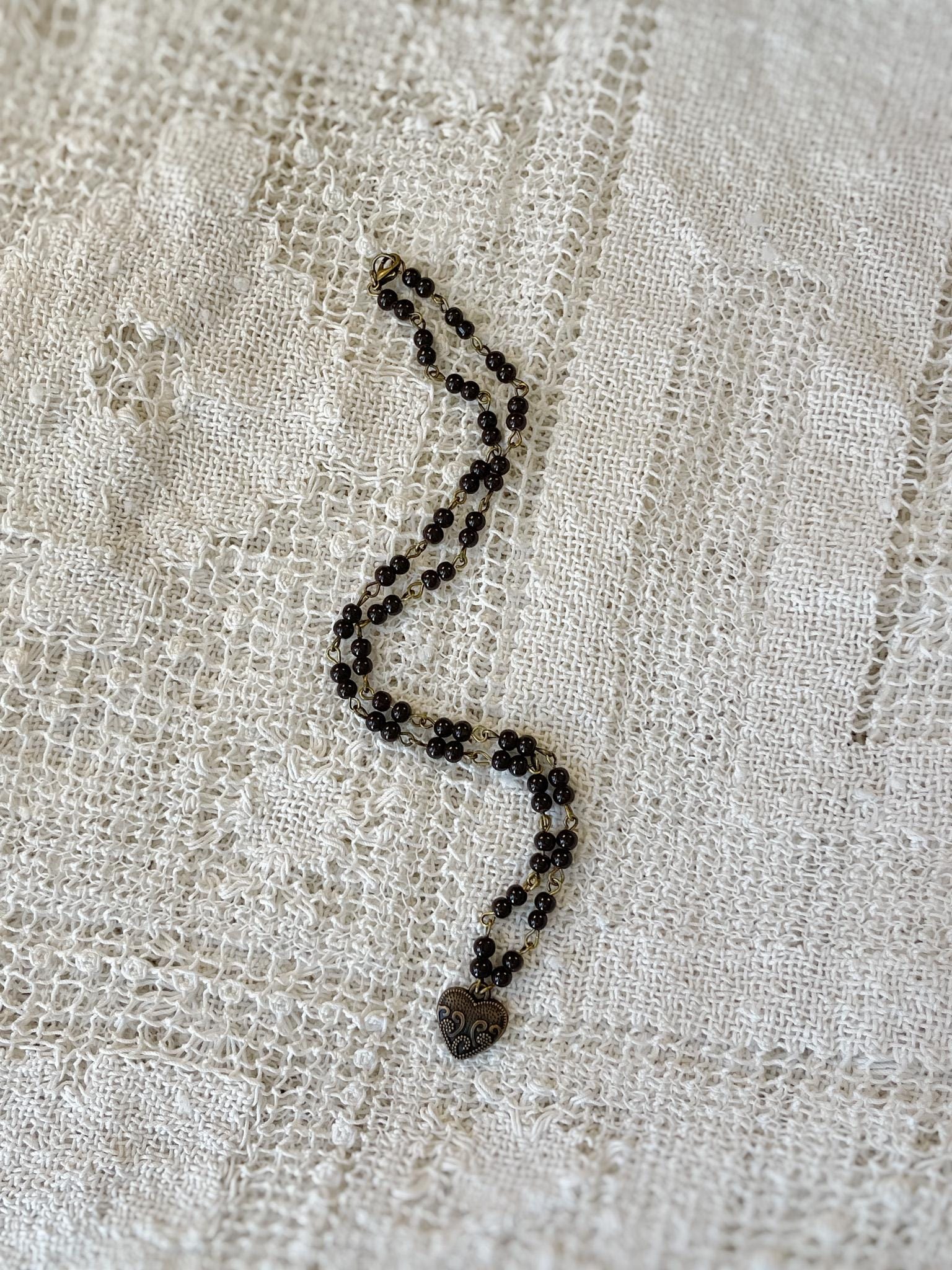 Vintage Inspired Hand Beaded Necklace with Vintage Heart Pendant – Romantic Statement Jewelry