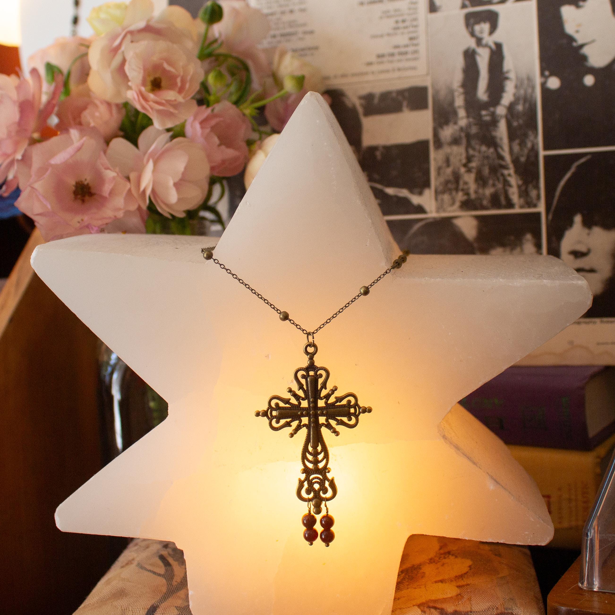 Vintage Inspired Bronze Cross Pendant Necklace With Garnet Bead Drops