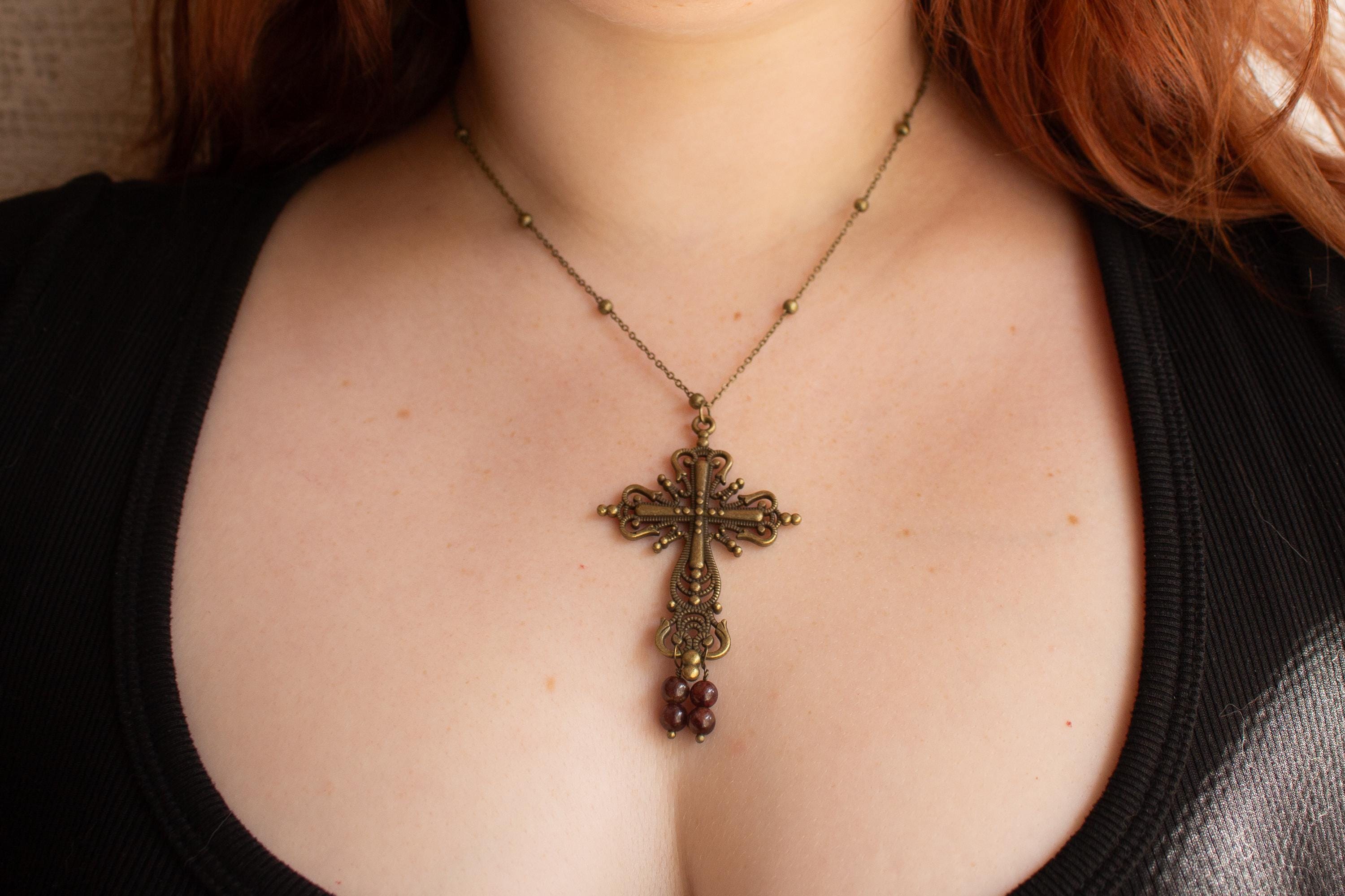 Vintage Inspired Bronze Cross Pendant Necklace With Garnet Bead Drops