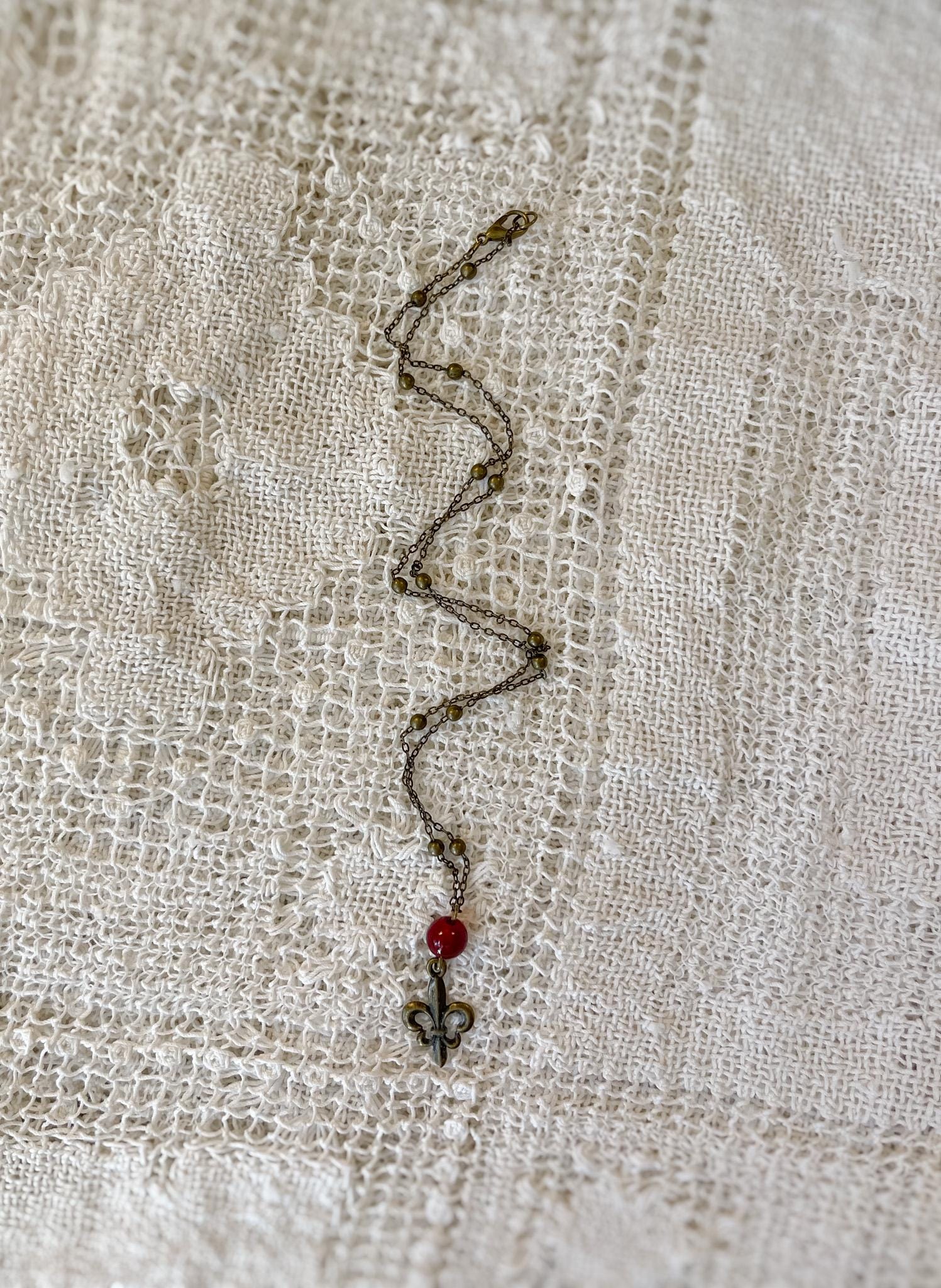 Vintage Inspired Bronze Chain Red Bead Fleur de Lis Necklace