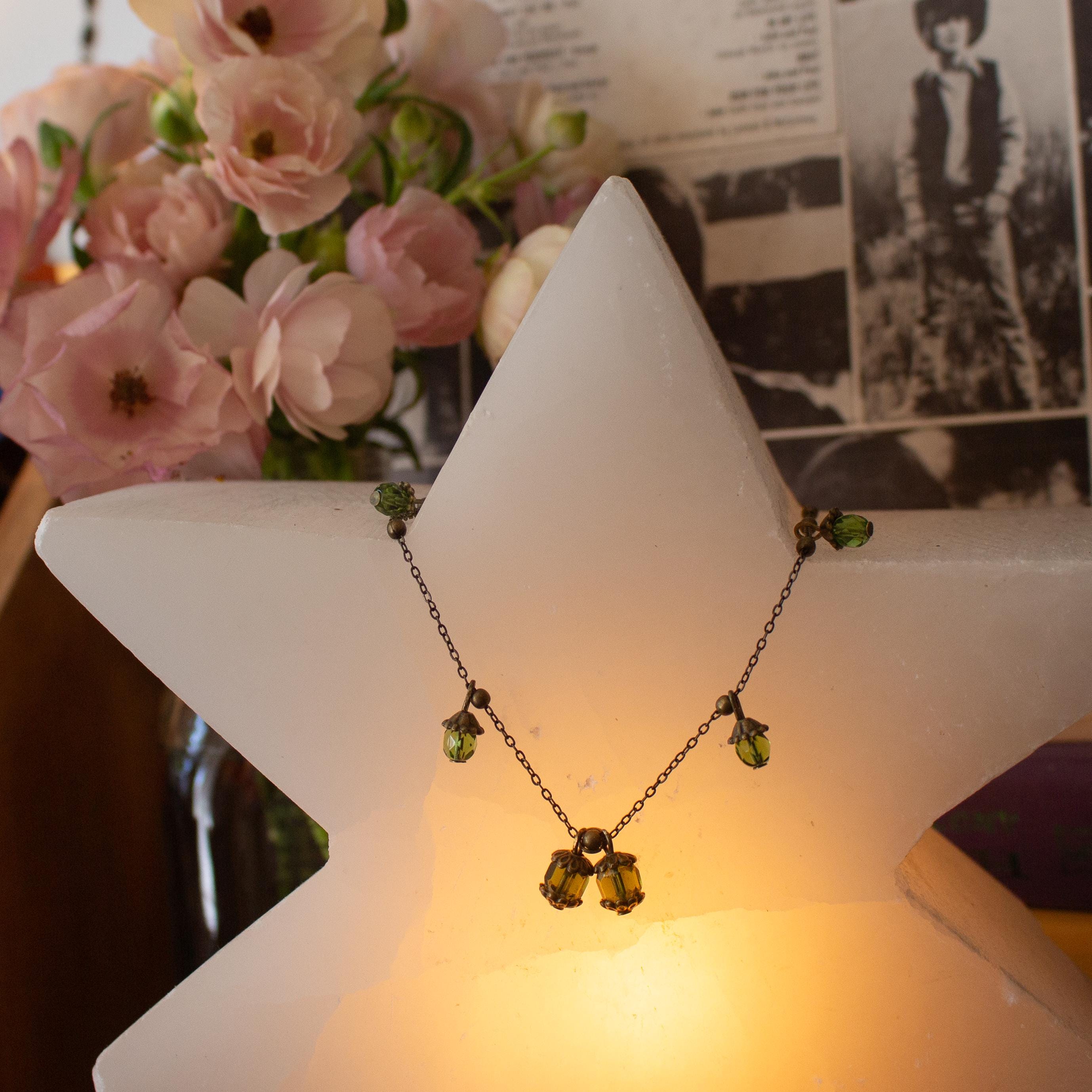 Vintage Inspired Bronze Necklace with Green Lantern-Inspired Drops