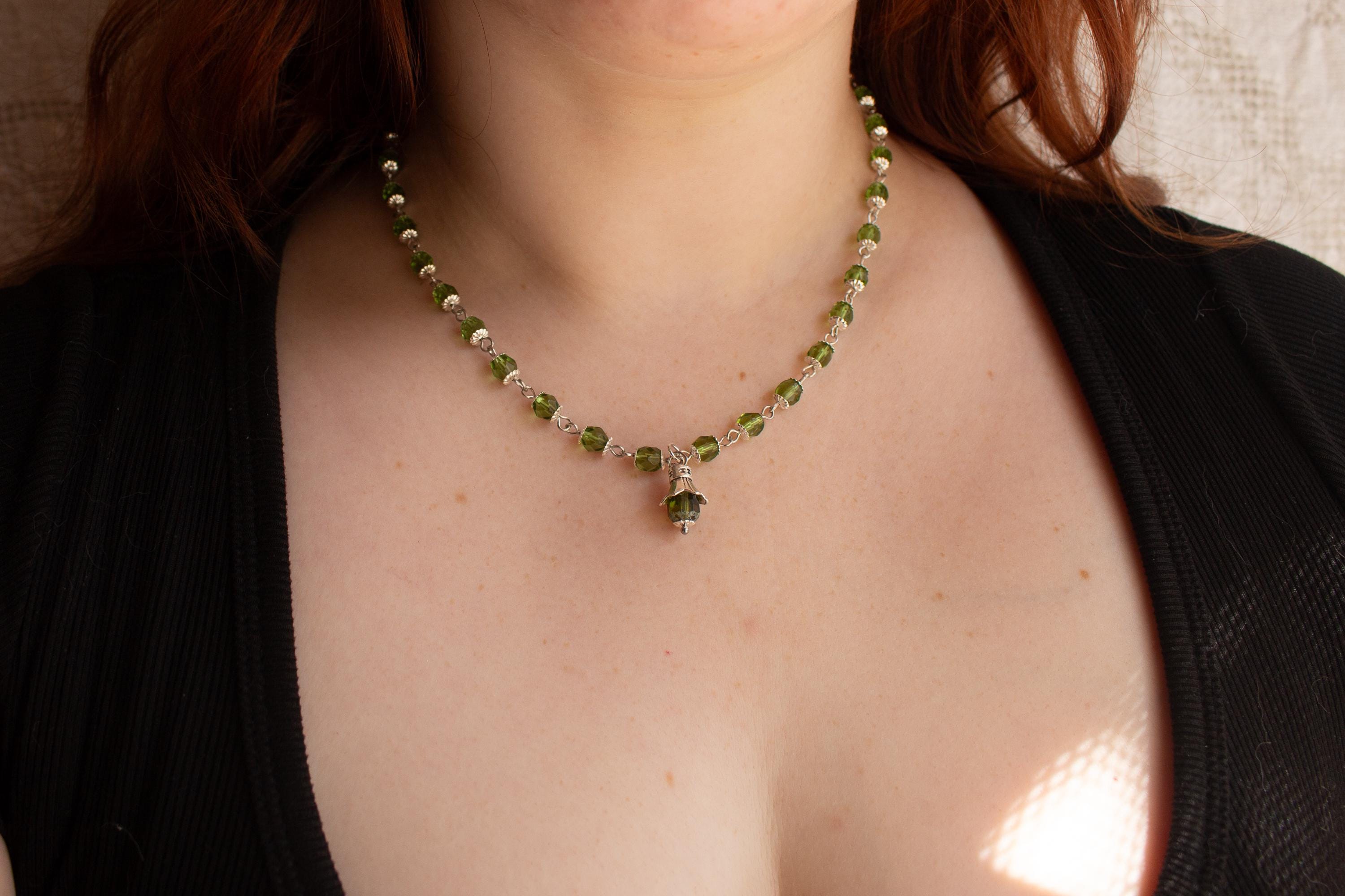 Green and Silver Beaded Necklace with Drop Pendant – Vintage Inspired Statement Jewelry