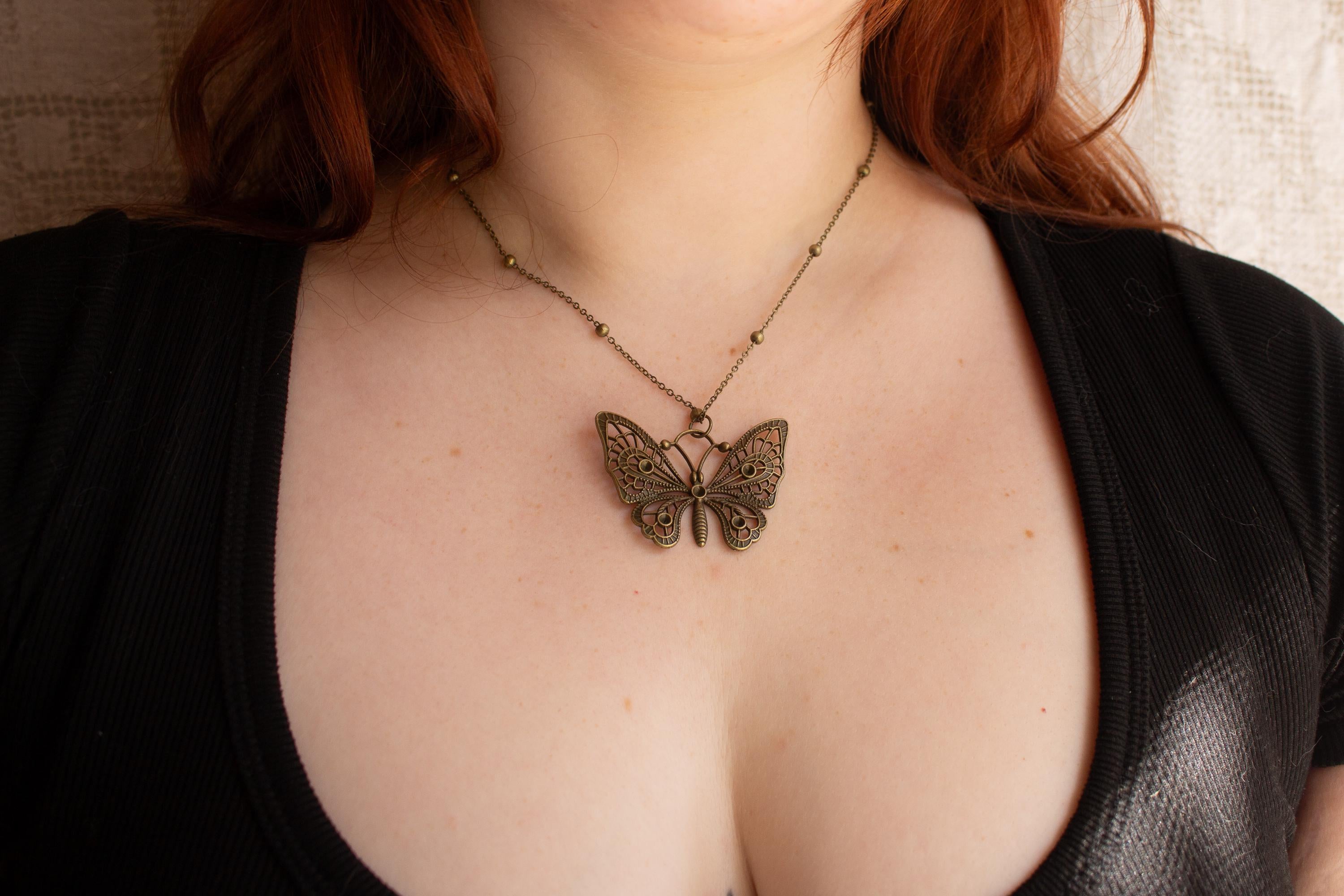 Vintage Inspired Bronze Butterfly Pendant Necklace - Art Nouveau Gothic Jewelry