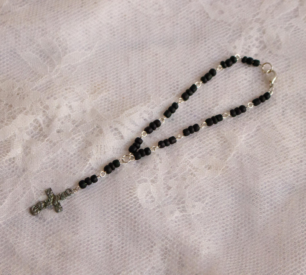 Black and Silver Rosary-Style Drop Cross Handmade Bracelet – Spiritual Beaded Jewelry