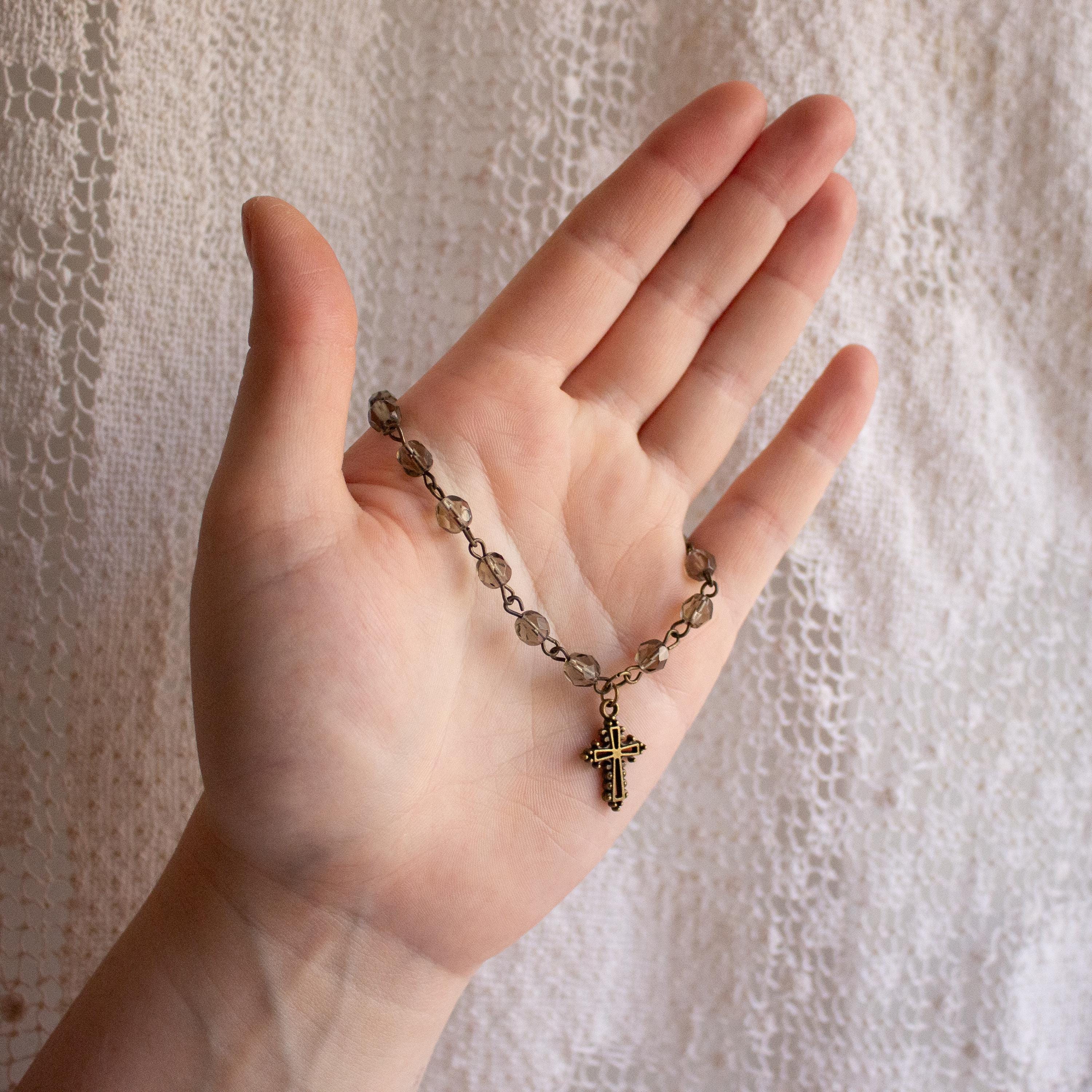 Vintage-Inspired Bronze and Black Cross Bracelet – Handmade Spiritual Jewelry