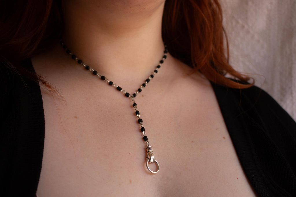 Victorian Hand Knocker Rosary Necklace: Gothic Black Beaded Y-Drop