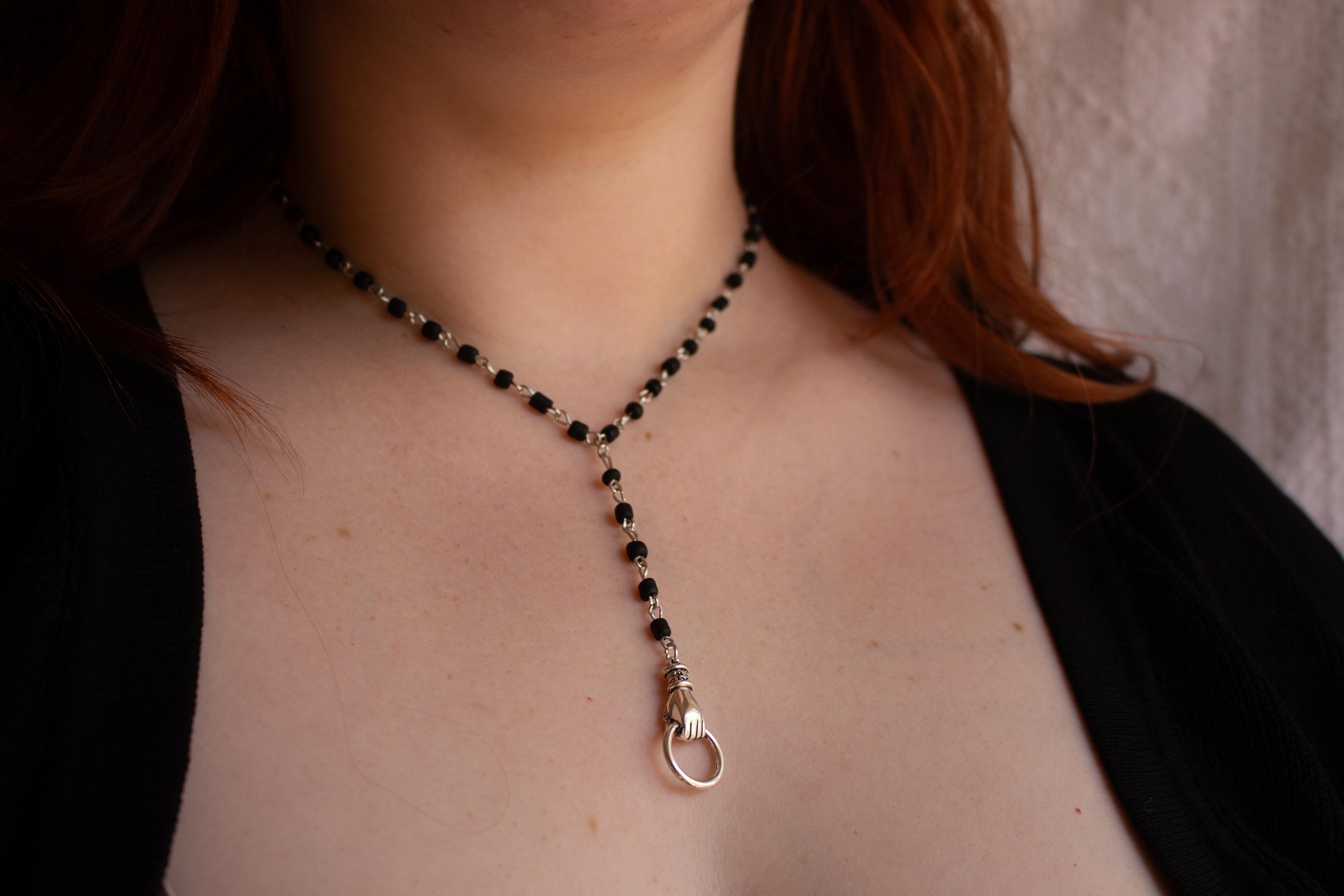Victorian Hand Knocker Rosary Necklace: Gothic Black Beaded Y-Drop