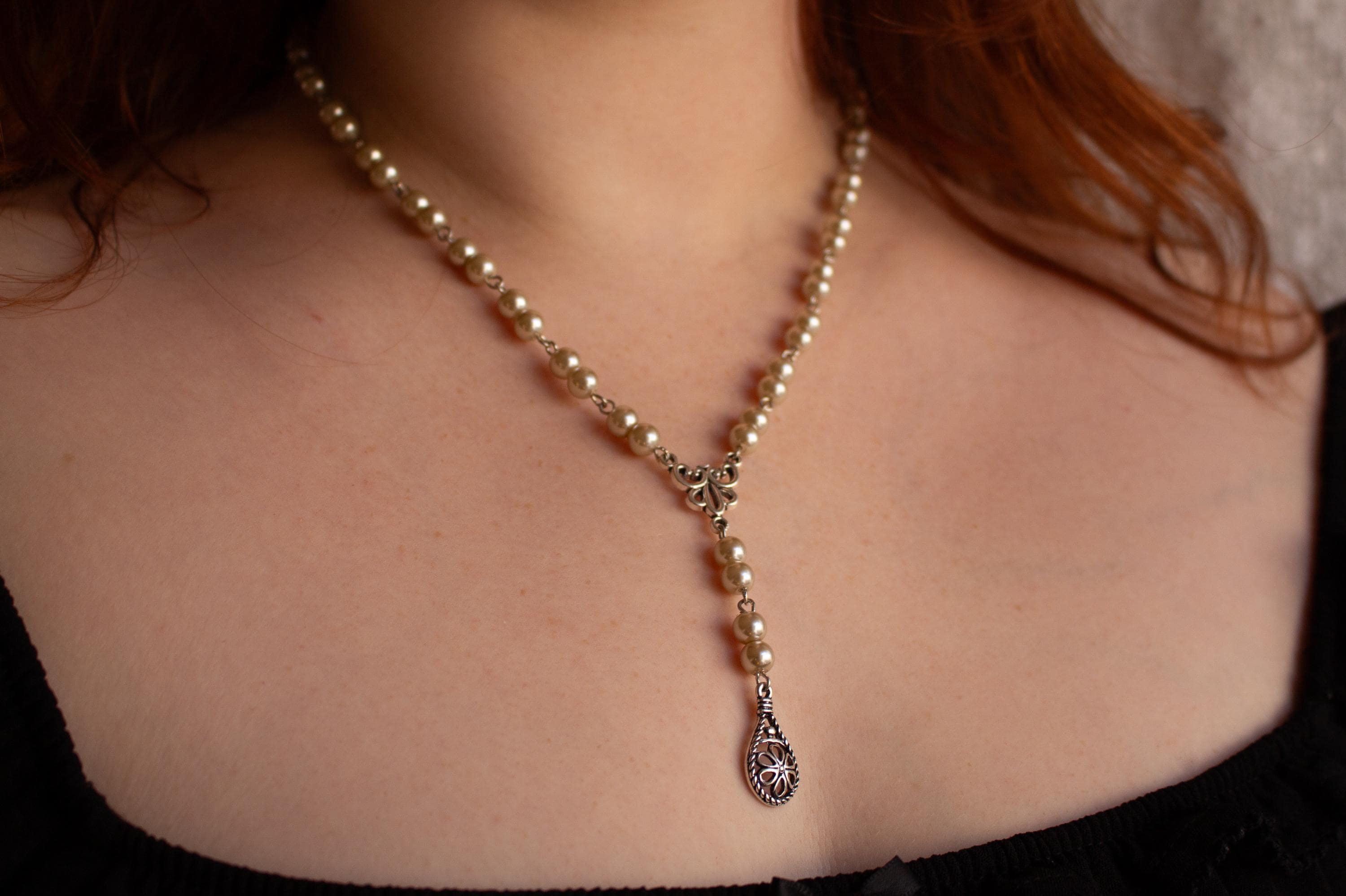 Vintage-Inspired Rosary Style Necklace with Faux Pearl Beads & Silver-Tone Pendant – Handmade Religious Jewelry