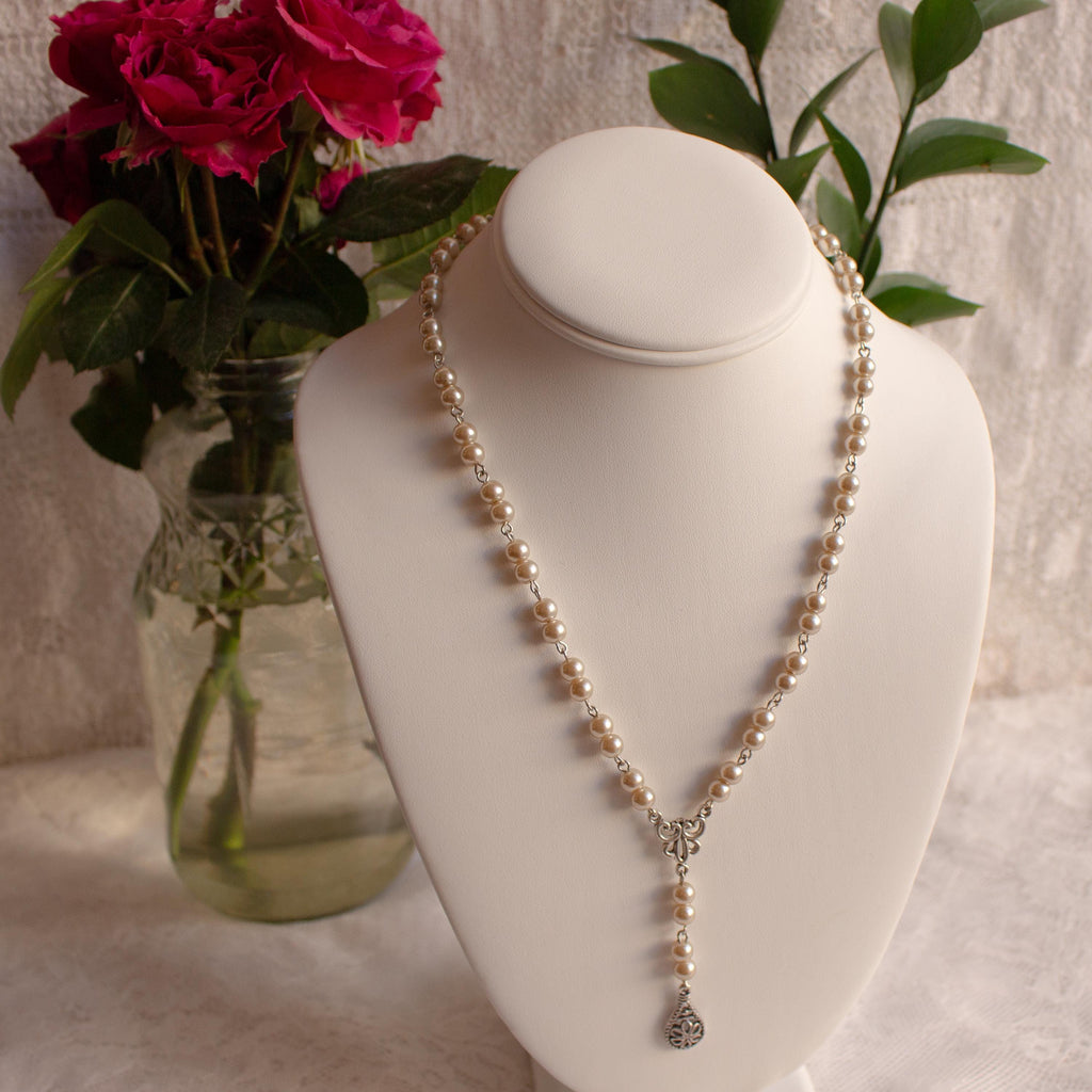 Vintage-Inspired Rosary Style Necklace with Faux Pearl Beads & Silver-Tone Pendant – Handmade Religious Jewelry