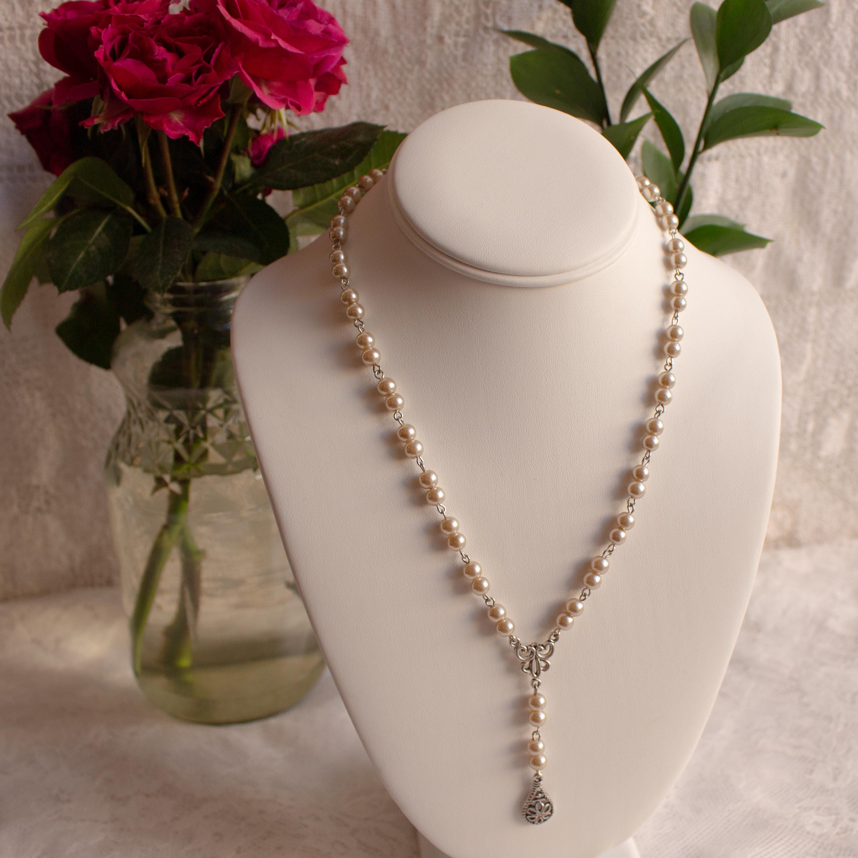 Vintage-Inspired Rosary Style Necklace with Faux Pearl Beads & Silver-Tone Pendant – Handmade Religious Jewelry