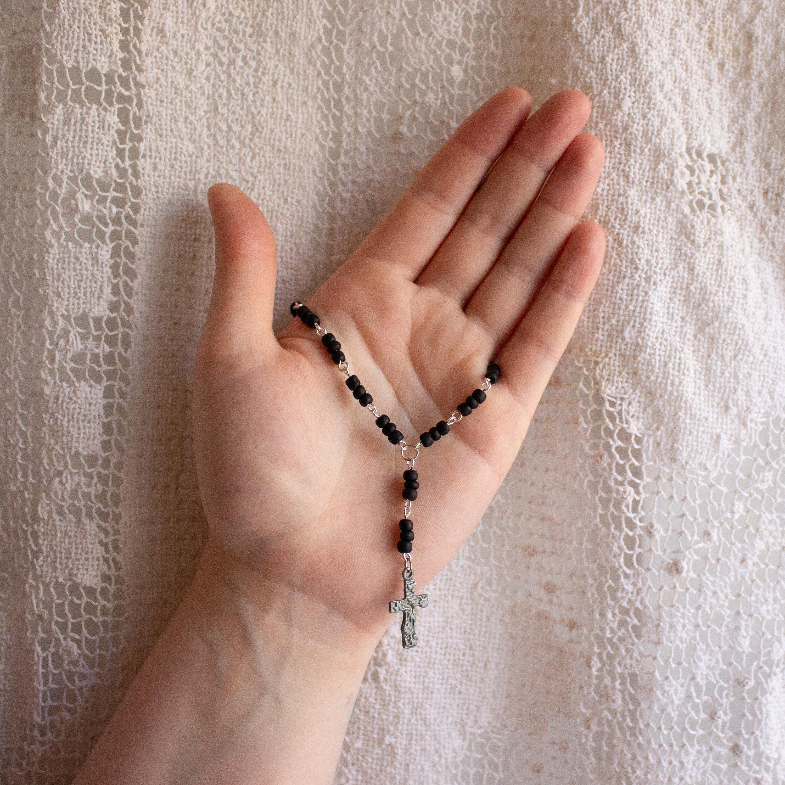Black and Silver Rosary-Style Drop Cross Handmade Bracelet – Spiritual Beaded Jewelry