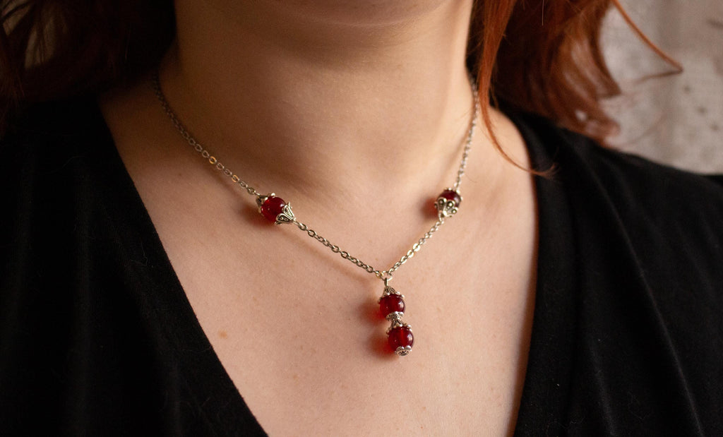 Vintage Inspired Red Delicate Flower Drop Glass Beaded Necklace – Romantic Handmade Jewelry
