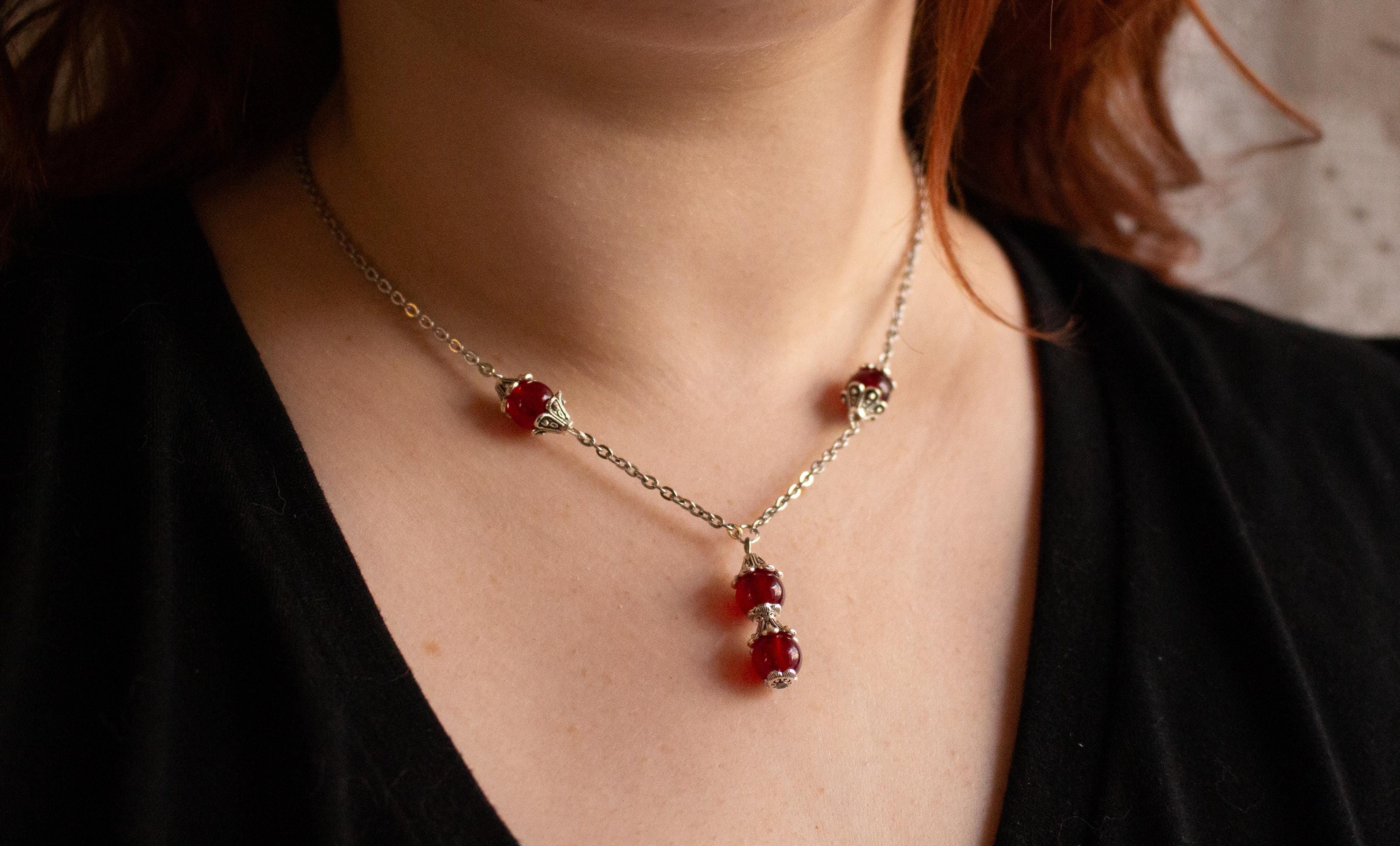 Vintage Inspired Red Delicate Flower Drop Glass Beaded Necklace – Romantic Handmade Jewelry