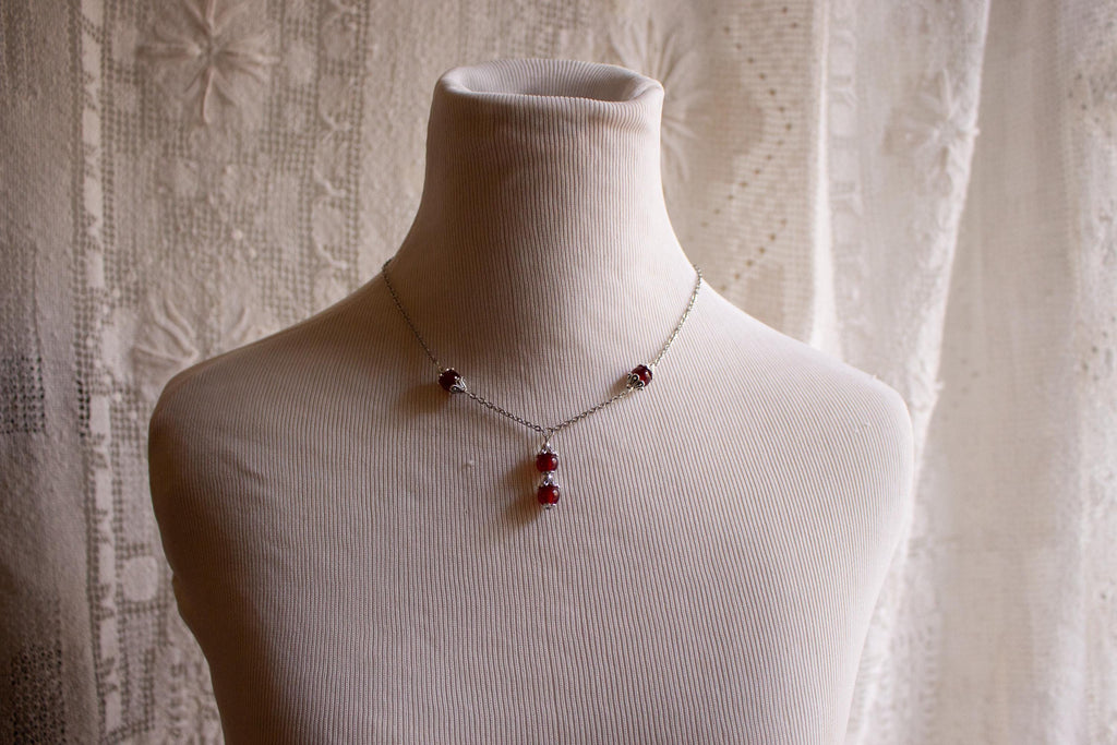 Vintage Inspired Red Delicate Flower Drop Glass Beaded Necklace – Romantic Handmade Jewelry