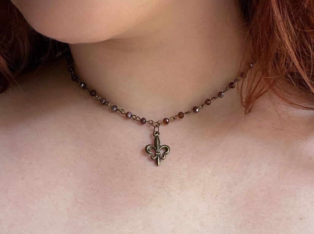 Vintage Inspired Brown Purple Beaded Fleur De Lis Necklace – Handmade Bronze Charm Jewelry