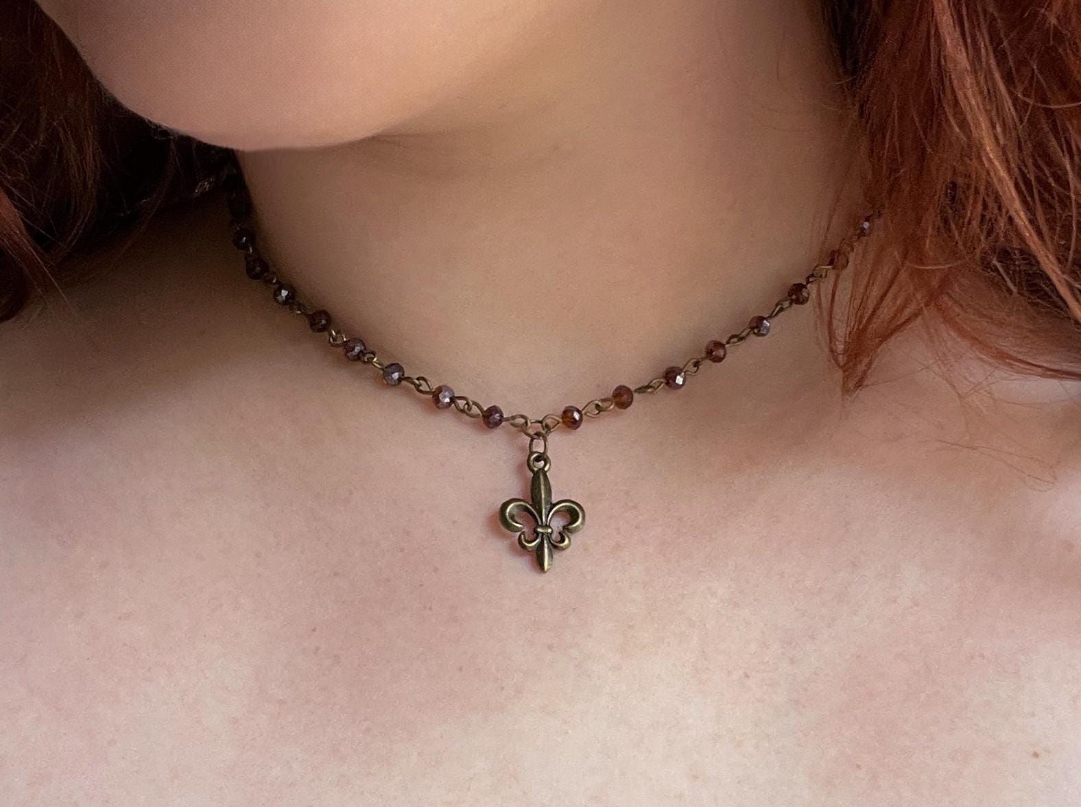 Vintage Inspired Brown Purple Beaded Fleur De Lis Necklace – Handmade Bronze Charm Jewelry