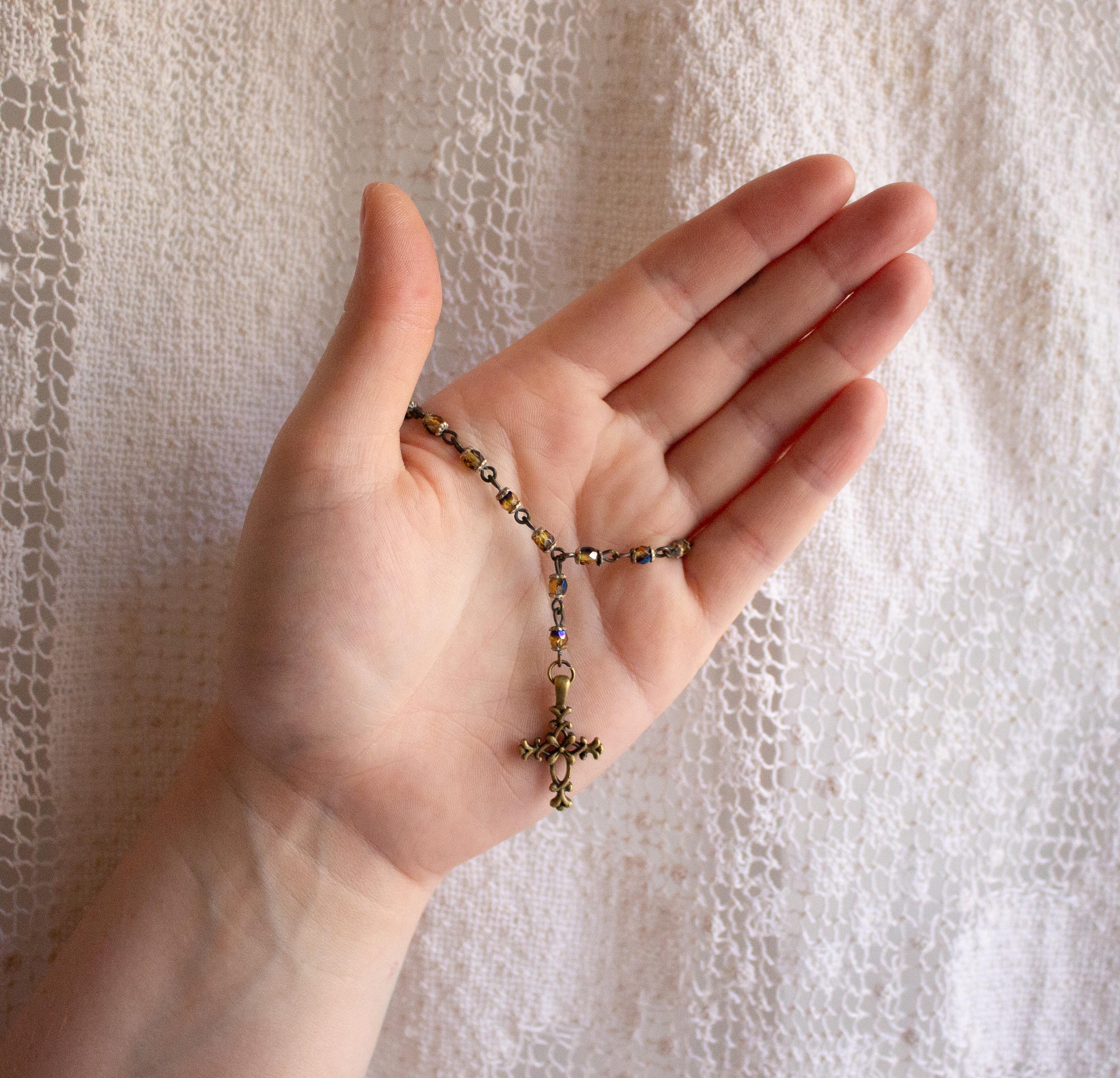 Vintage-Inspired Gold & Blue Shift Bead Cross Bracelet – Rosary Style Religious Jewelry