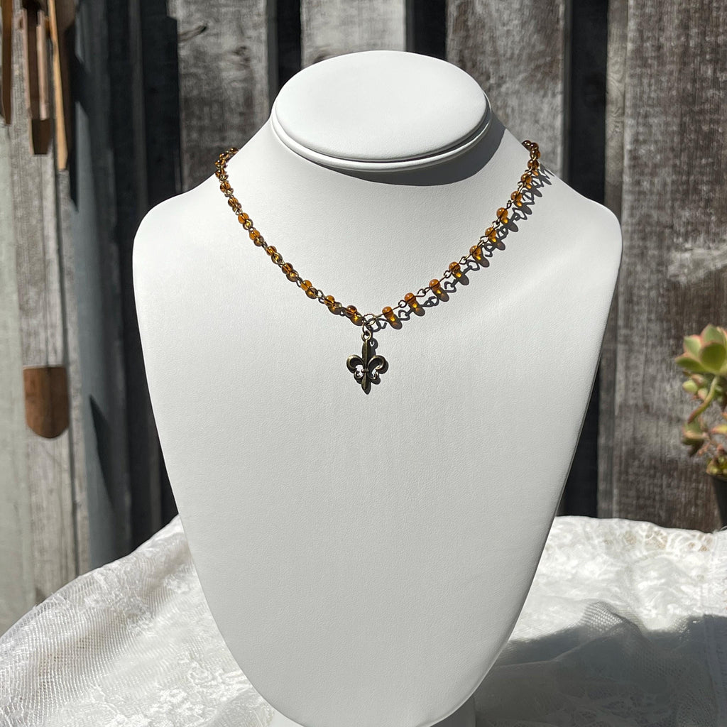 Vintage Inspired Brown Beaded Fleur De Lis Necklace – Handmade Bronze Necklace