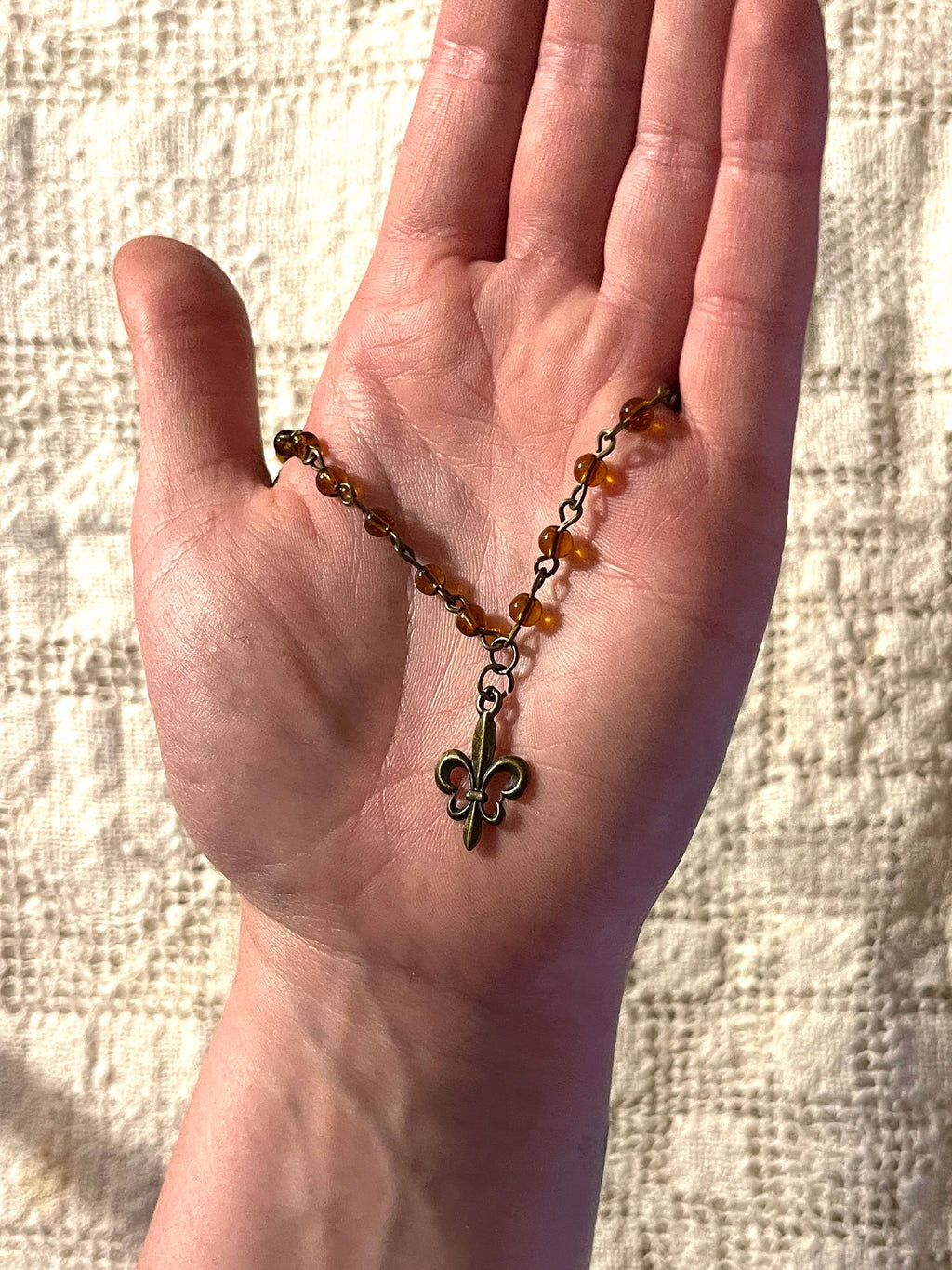 Vintage Inspired Brown Beaded Fleur De Lis Necklace – Handmade Bronze Necklace