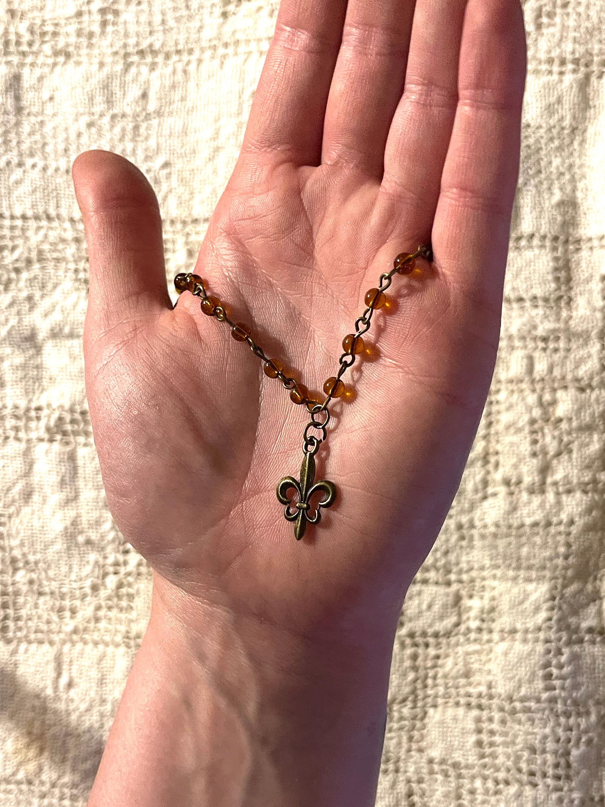 Vintage Inspired Brown Beaded Fleur De Lis Necklace – Handmade Bronze Necklace