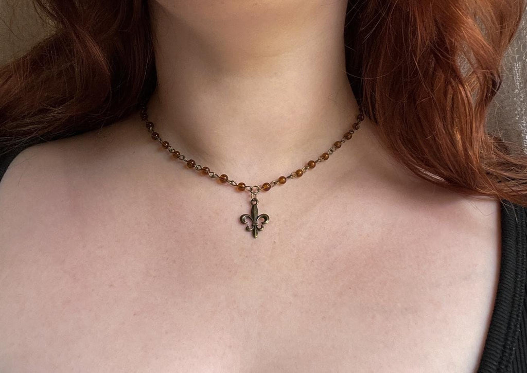 Vintage Inspired Brown Beaded Fleur De Lis Necklace – Handmade Bronze Necklace