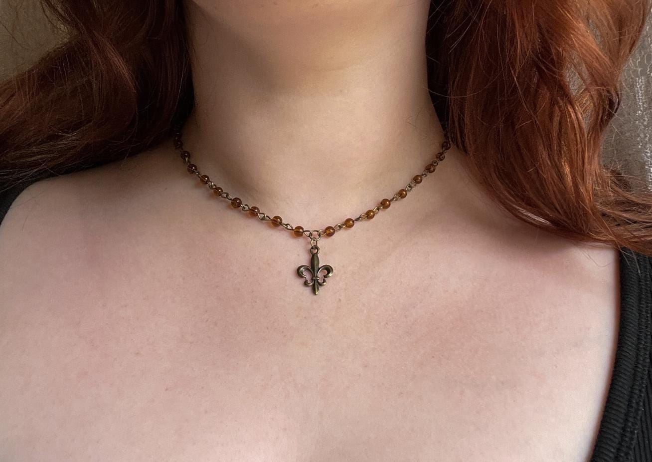 Vintage Inspired Brown Beaded Fleur De Lis Necklace – Handmade Bronze Necklace
