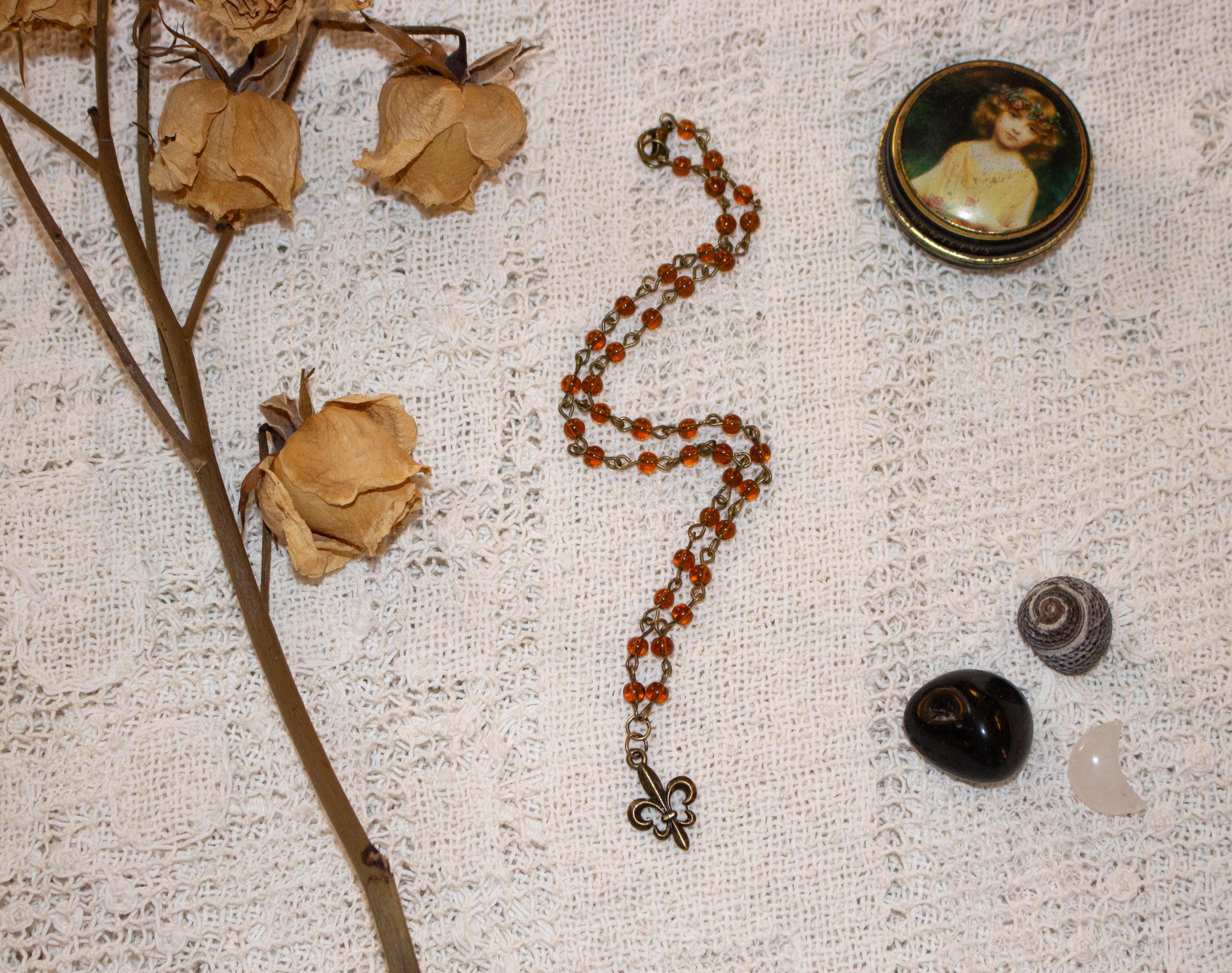 Vintage Inspired Brown Beaded Fleur De Lis Necklace – Handmade Bronze Necklace