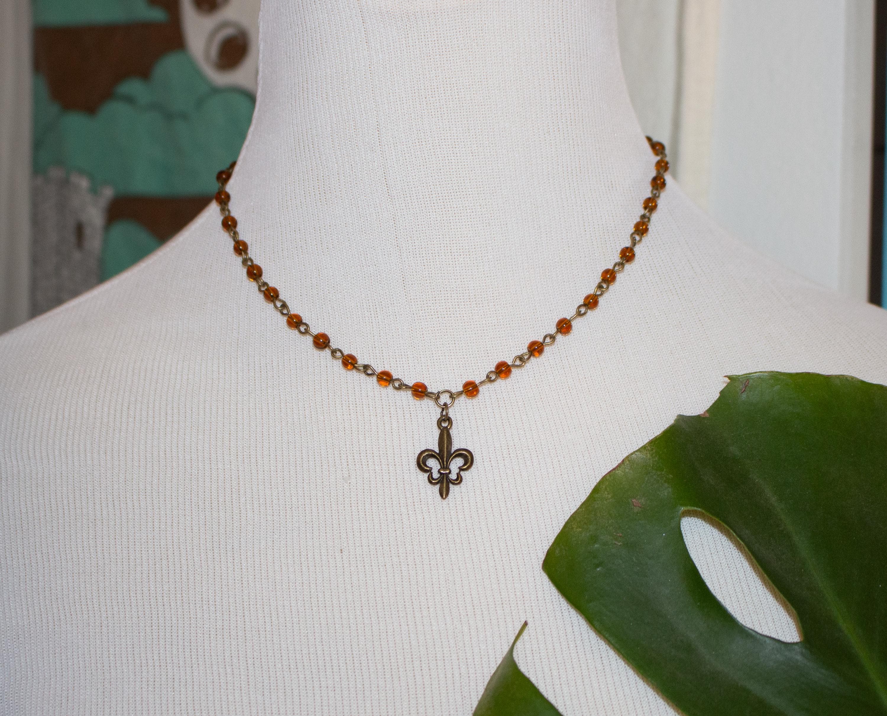 Vintage Inspired Brown Beaded Fleur De Lis Necklace – Handmade Bronze Necklace