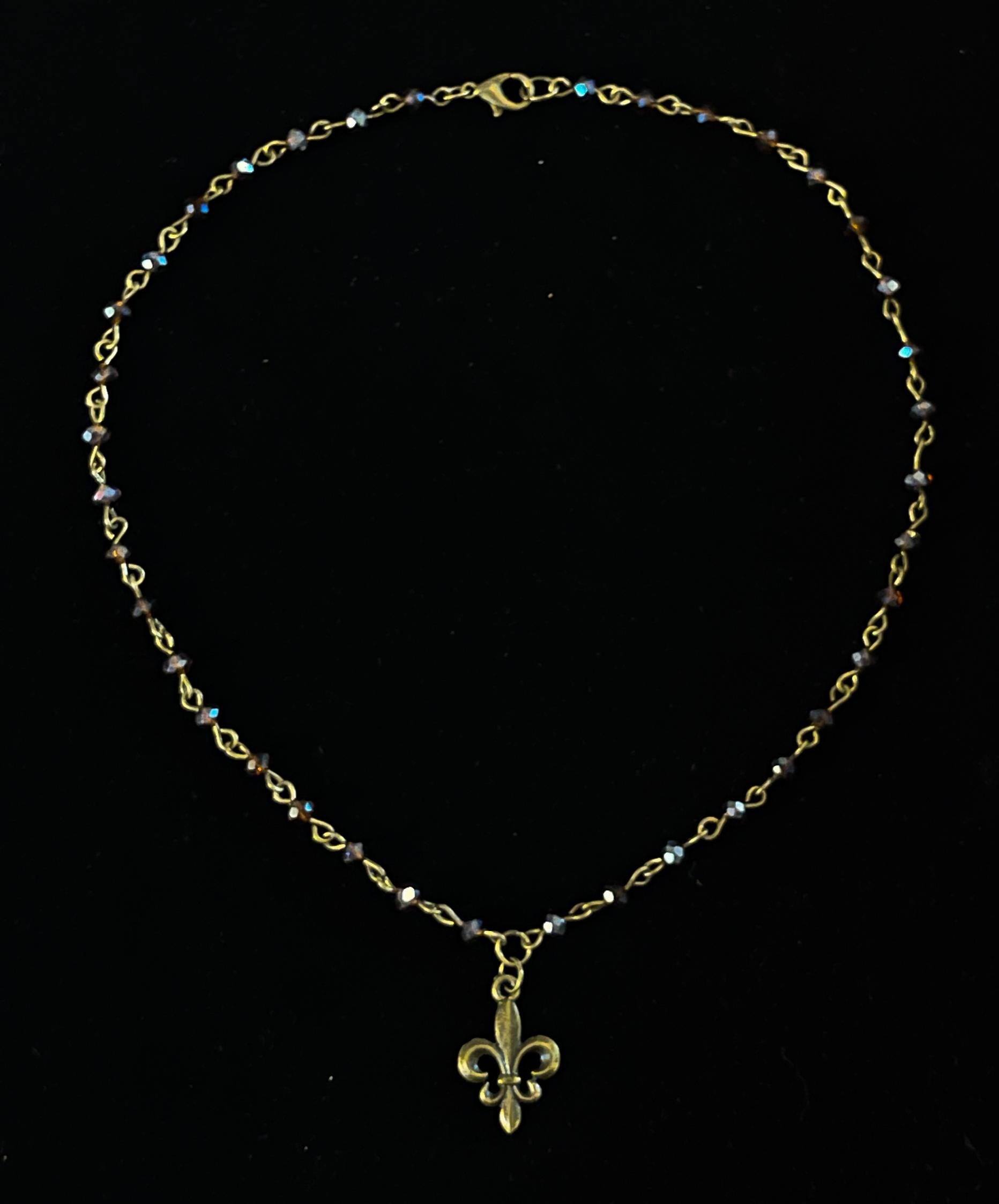 Vintage Inspired Brown Purple Beaded Fleur De Lis Necklace – Handmade Bronze Charm Jewelry