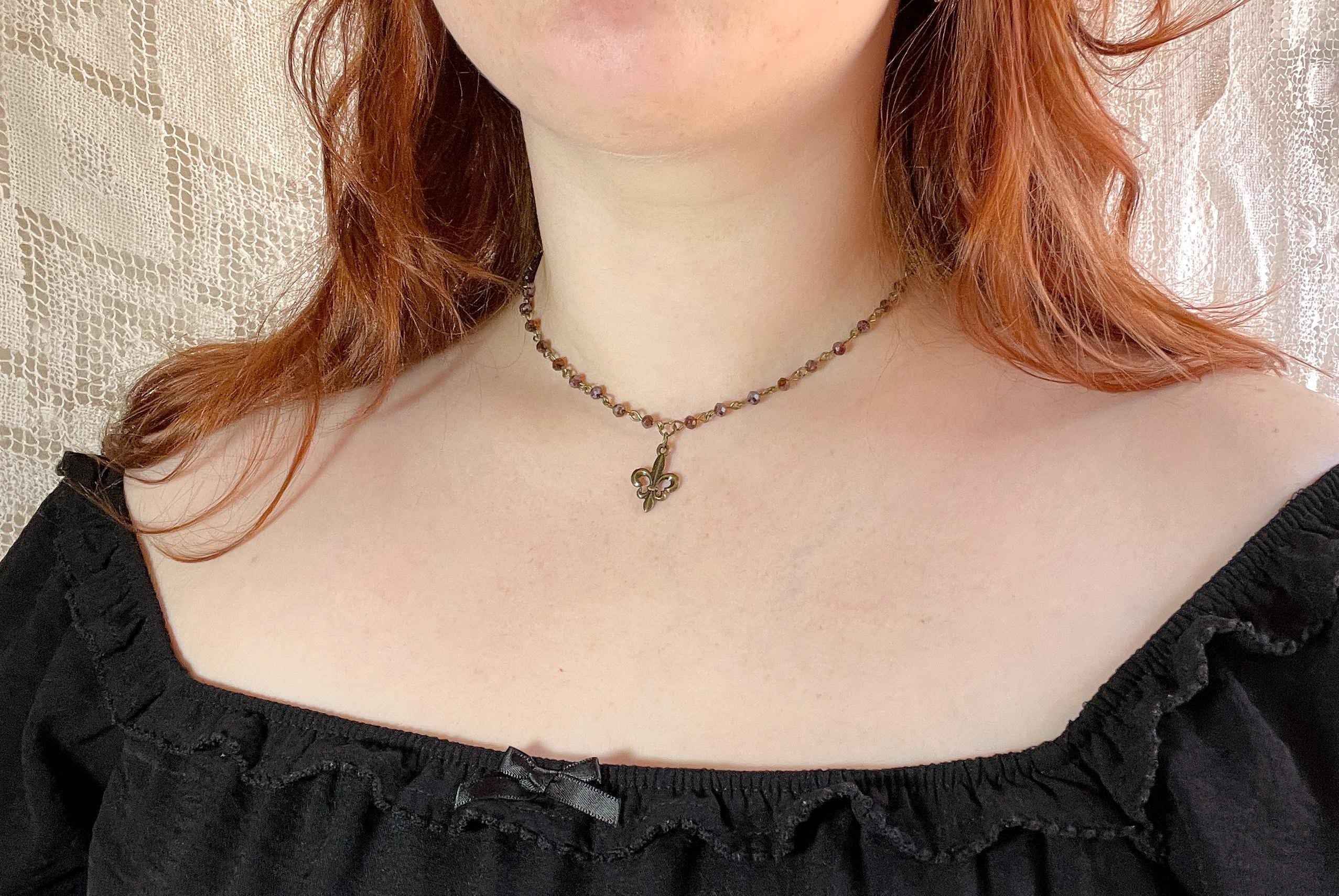 Vintage Inspired Brown Purple Beaded Fleur De Lis Necklace – Handmade Bronze Charm Jewelry