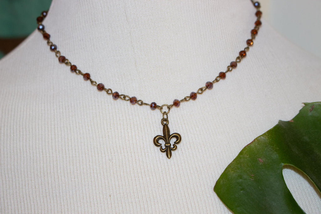 Vintage Inspired Brown Purple Beaded Fleur De Lis Necklace – Handmade Bronze Charm Jewelry