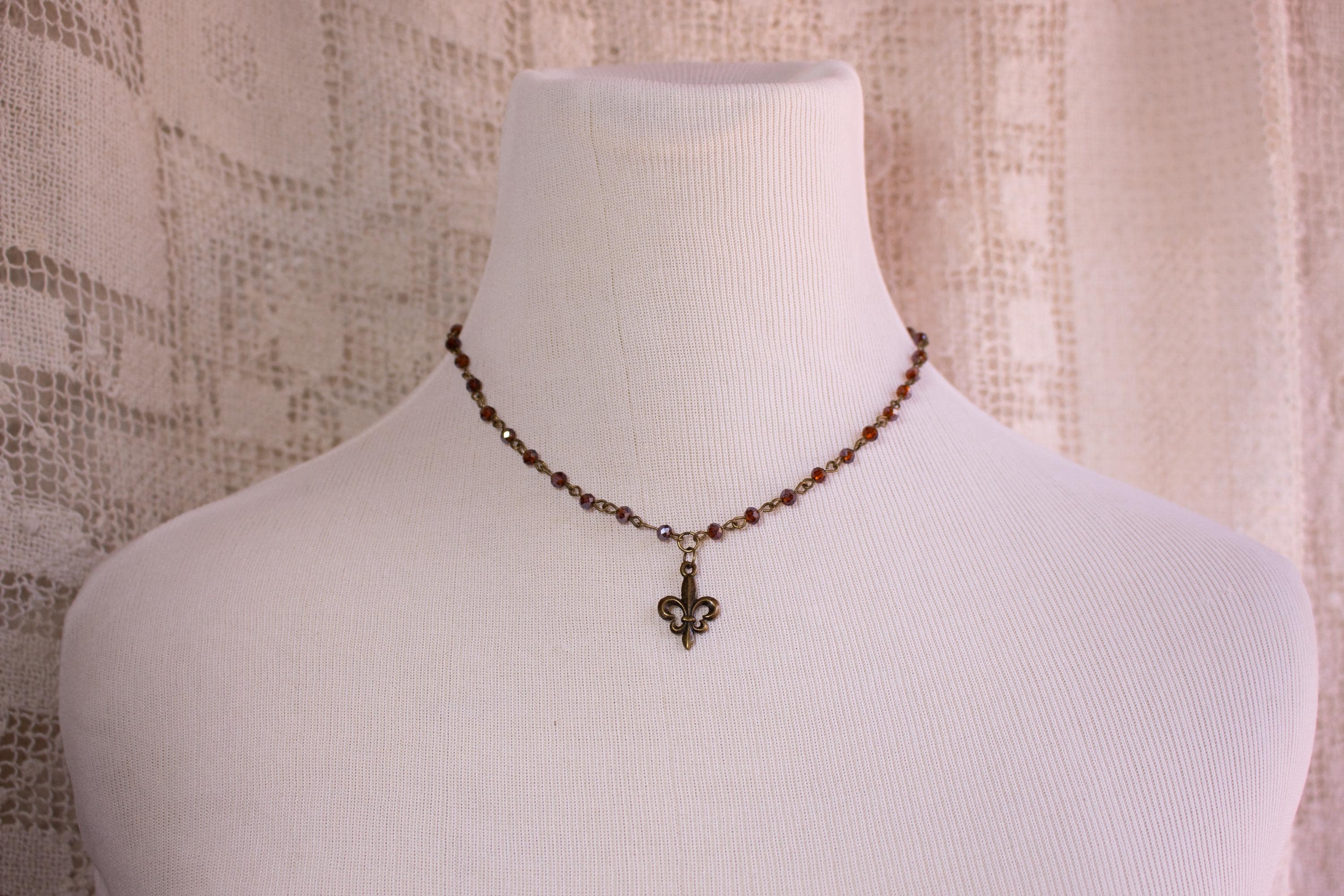 Vintage Inspired Brown Purple Beaded Fleur De Lis Necklace – Handmade Bronze Charm Jewelry