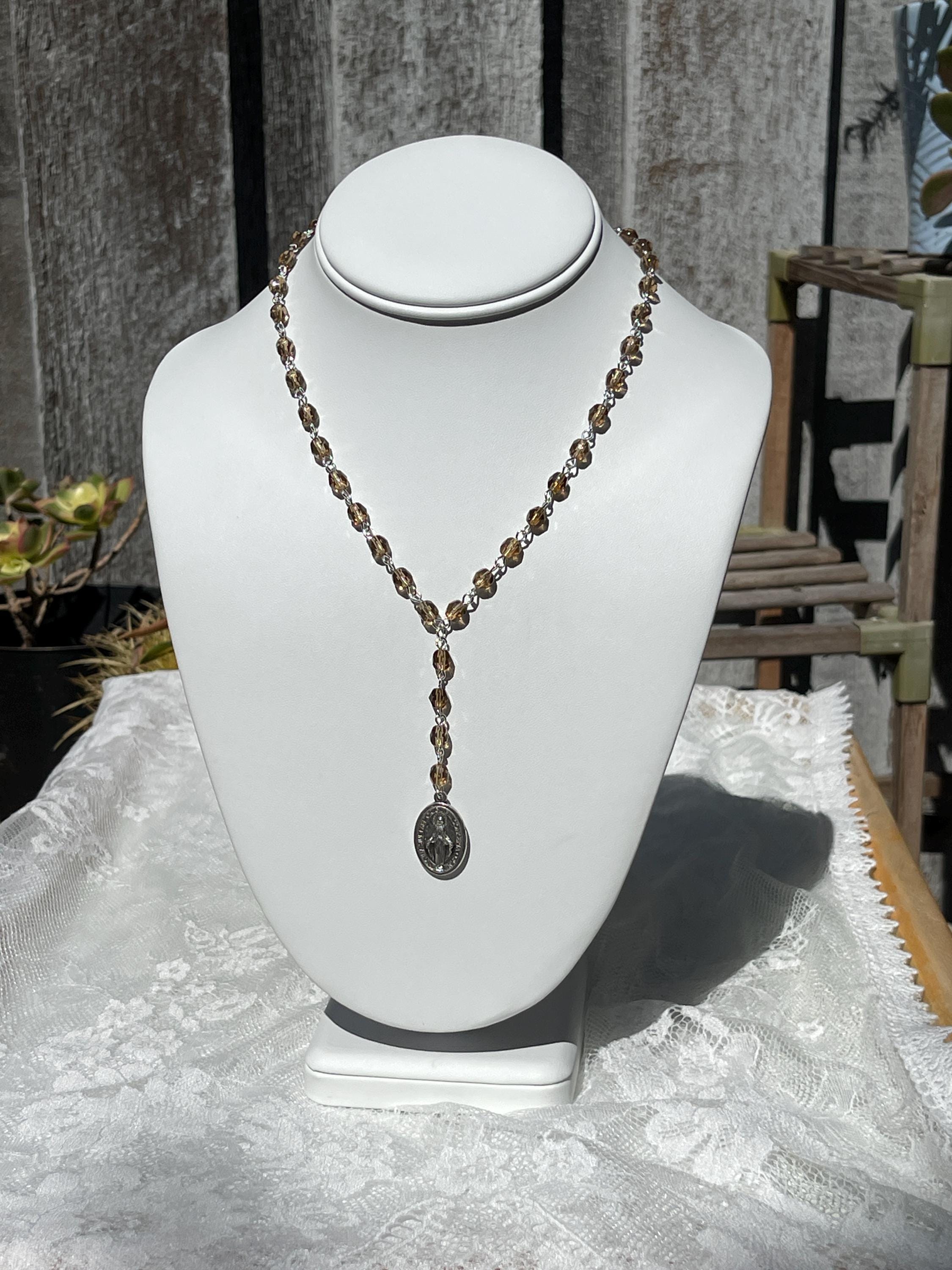 Vintage-Inspired Faceted Glass Rosary Drop Necklace with Miraculous Medal Pendant