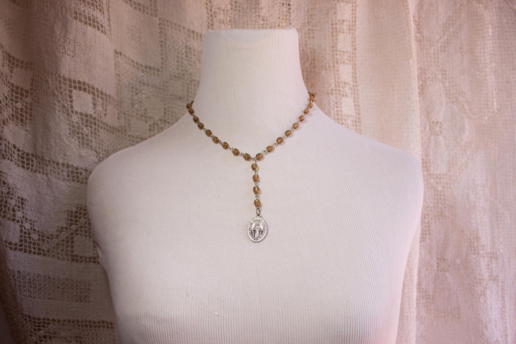 Vintage-Inspired Faceted Glass Rosary Drop Necklace with Miraculous Medal Pendant