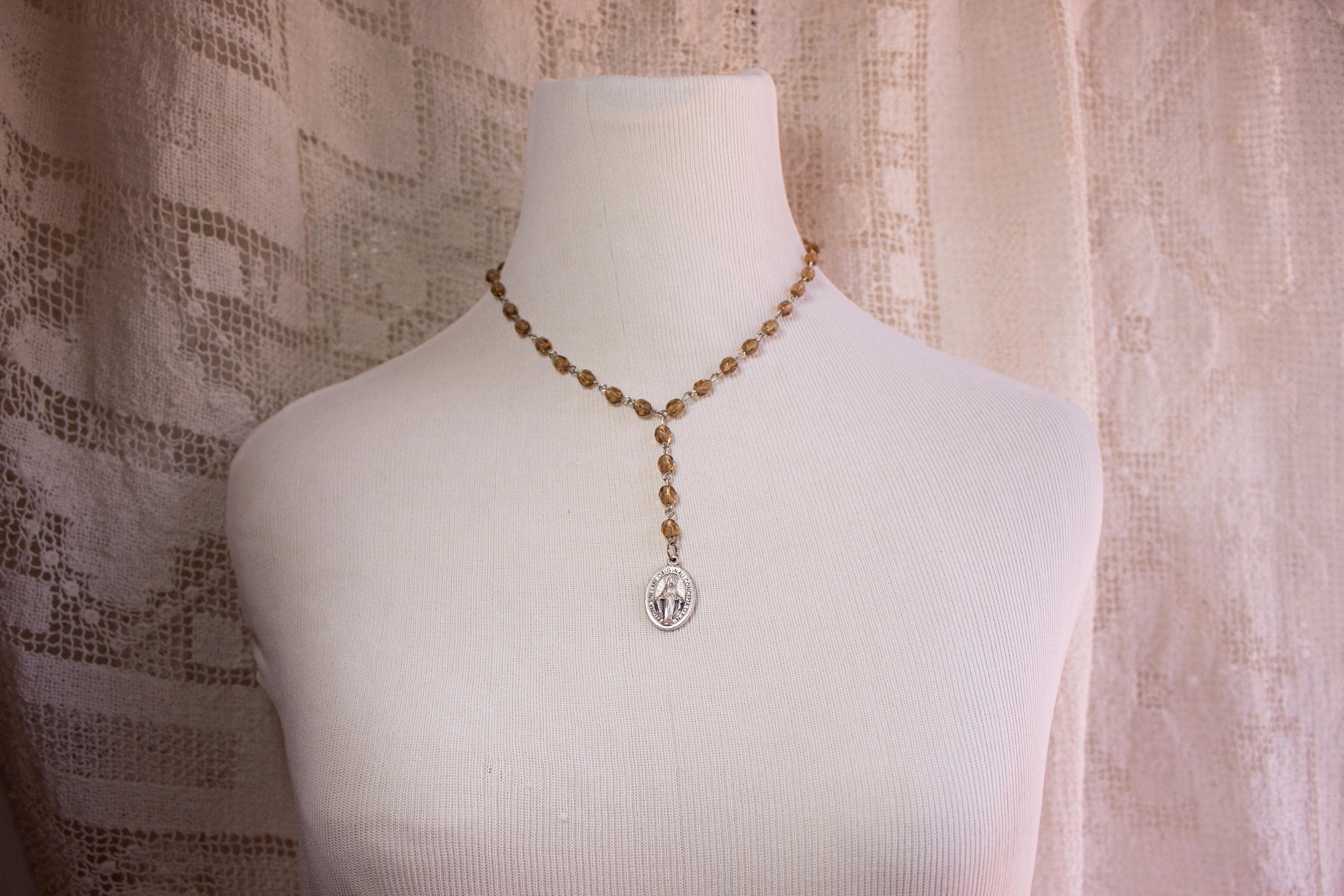 Vintage-Inspired Faceted Glass Rosary Drop Necklace with Miraculous Medal Pendant