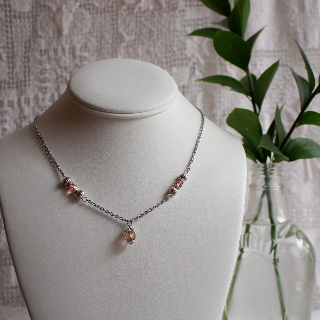 Vintage Inspired Light Pink Dainty Flower Drop Glass Beaded Necklace – Feminine Romantic Jewelry