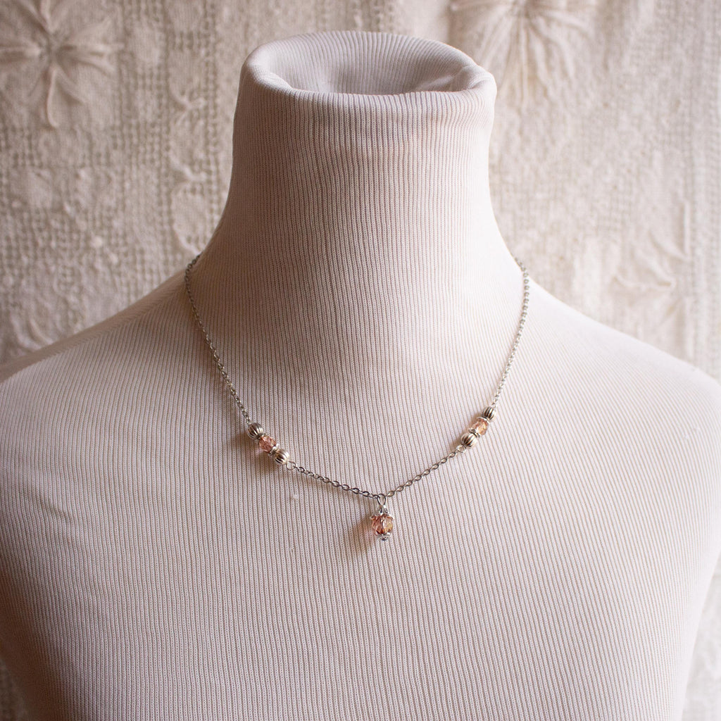 Vintage Inspired Light Pink Dainty Flower Drop Glass Beaded Necklace – Feminine Romantic Jewelry