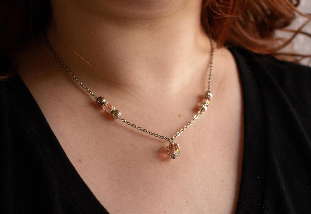 Vintage Inspired Light Pink Dainty Flower Drop Glass Beaded Necklace – Feminine Romantic Jewelry