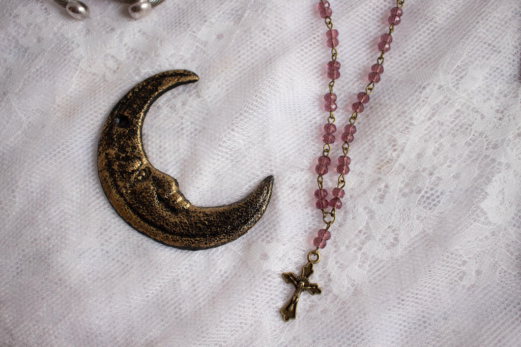 Vintage Inspired Purple Beaded Bronze Cross Necklace – Whimsigoth Spiritual Jewelry