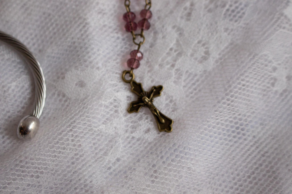 Vintage Inspired Purple Beaded Bronze Cross Necklace – Whimsigoth Spiritual Jewelry