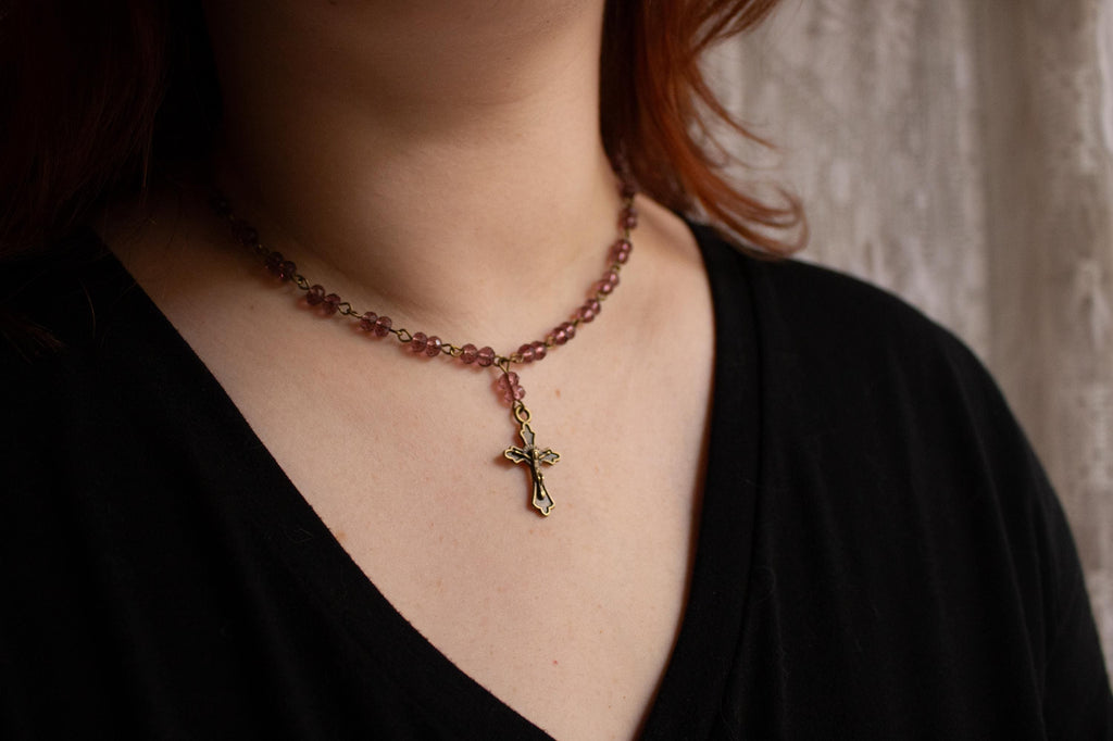 Vintage Inspired Purple Beaded Bronze Cross Necklace – Whimsigoth Spiritual Jewelry